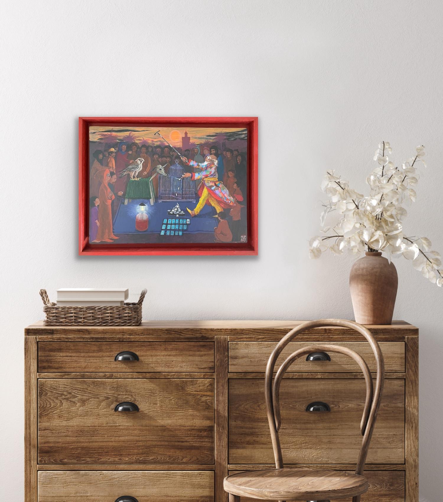 Peinture d'art populaire - Peinture narrative Maroc Afrique Magician rouge/orange en vente 6