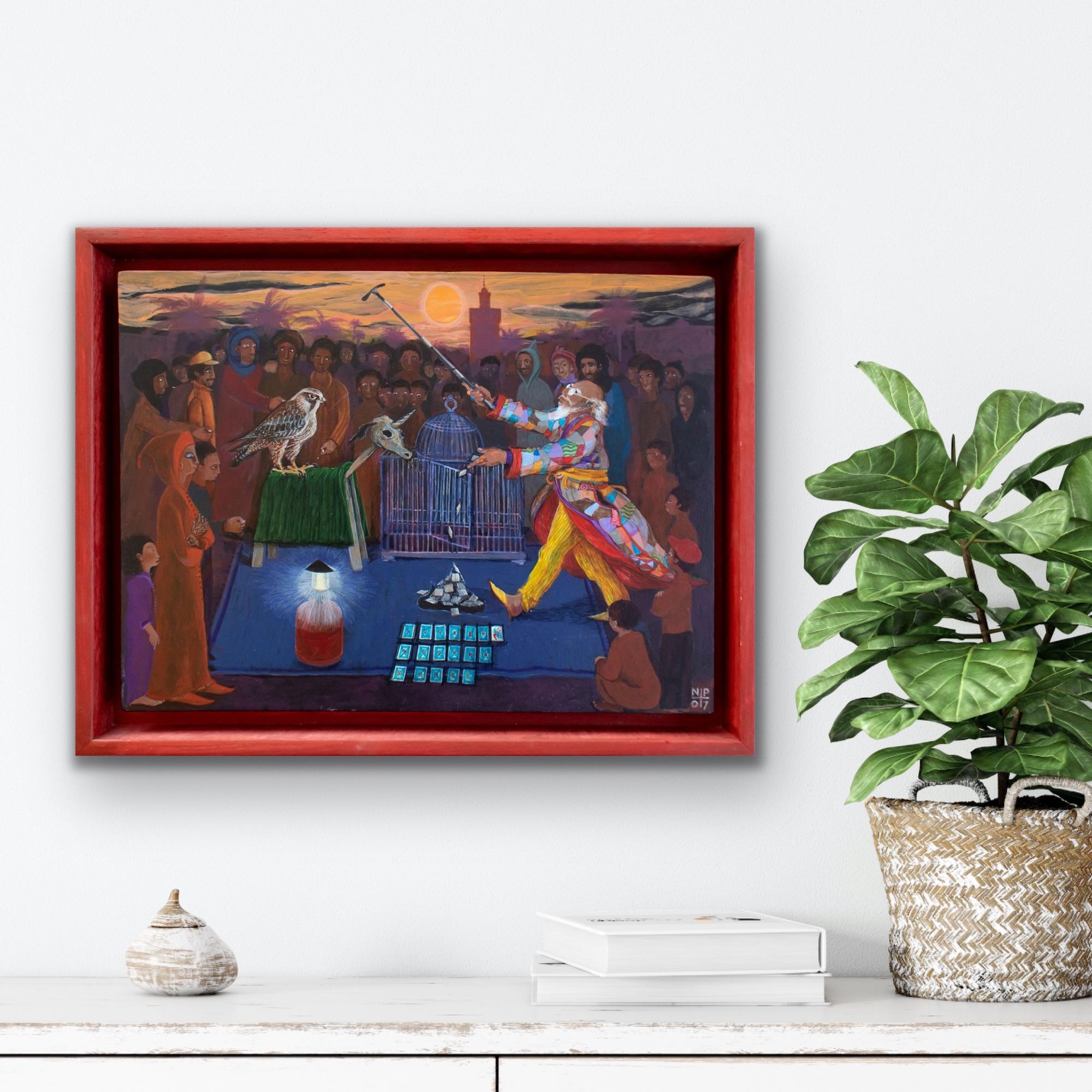 Peinture d'art populaire - Peinture narrative Maroc Afrique Magician rouge/orange en vente 7