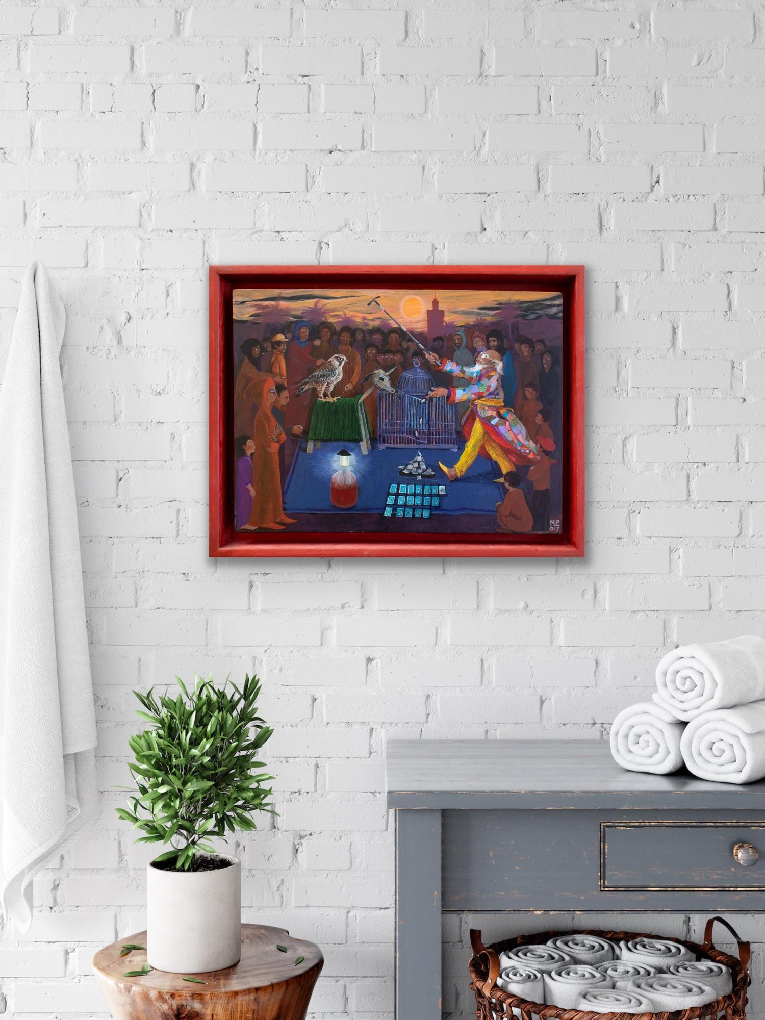 Peinture d'art populaire - Peinture narrative Maroc Afrique Magician rouge/orange en vente 10