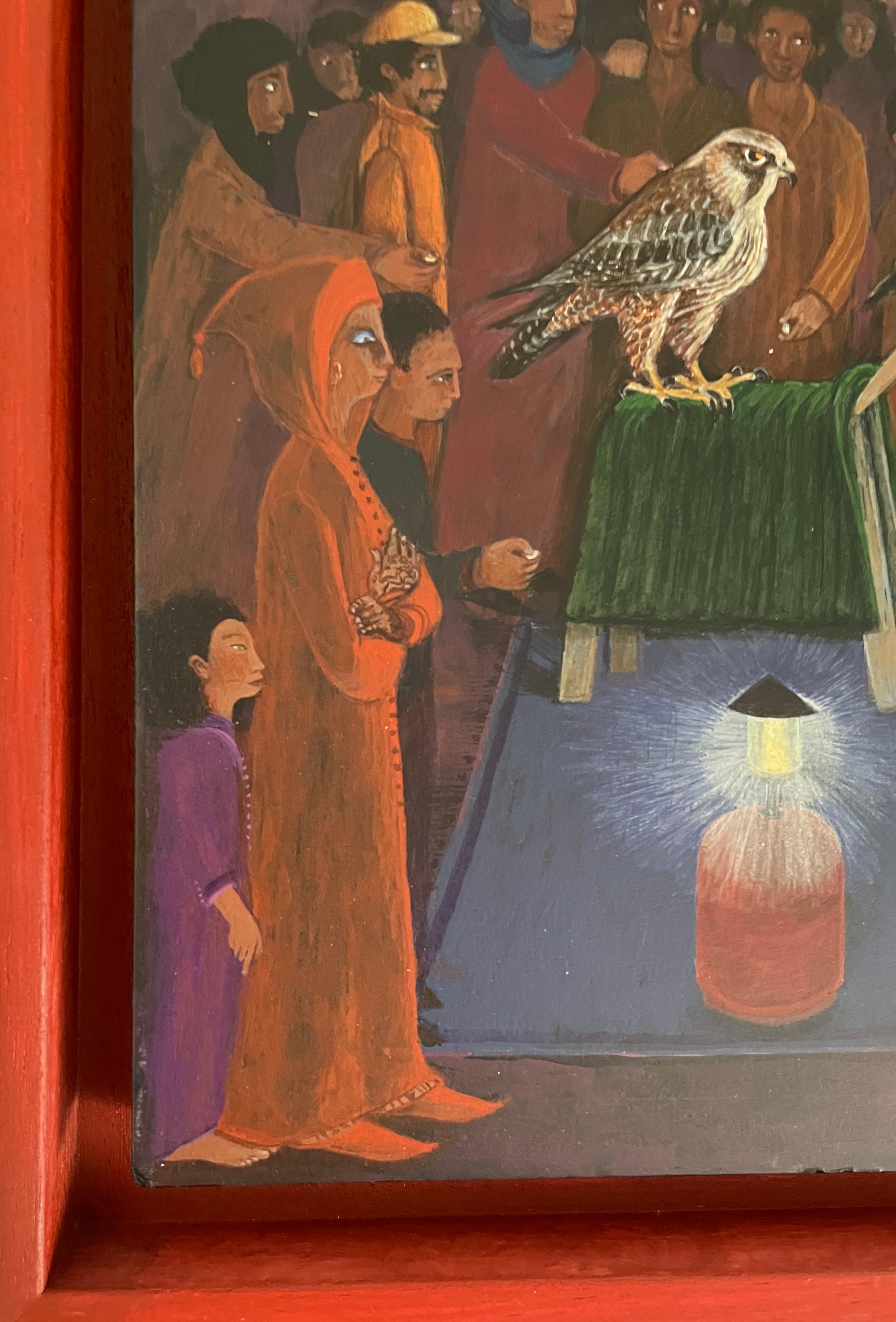 Peinture d'art populaire - Peinture narrative Maroc Afrique Magician rouge/orange - Painting de Nancy Patterson