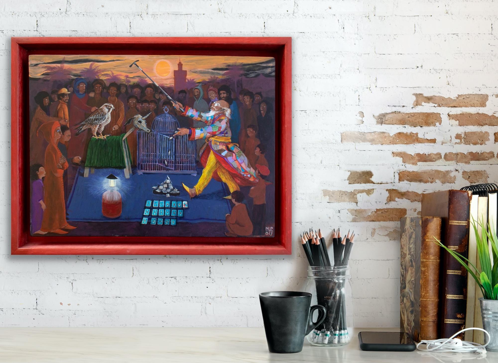 Peinture d'art populaire - Peinture narrative Maroc Afrique Magician rouge/orange - Artisanat Painting par Nancy Patterson