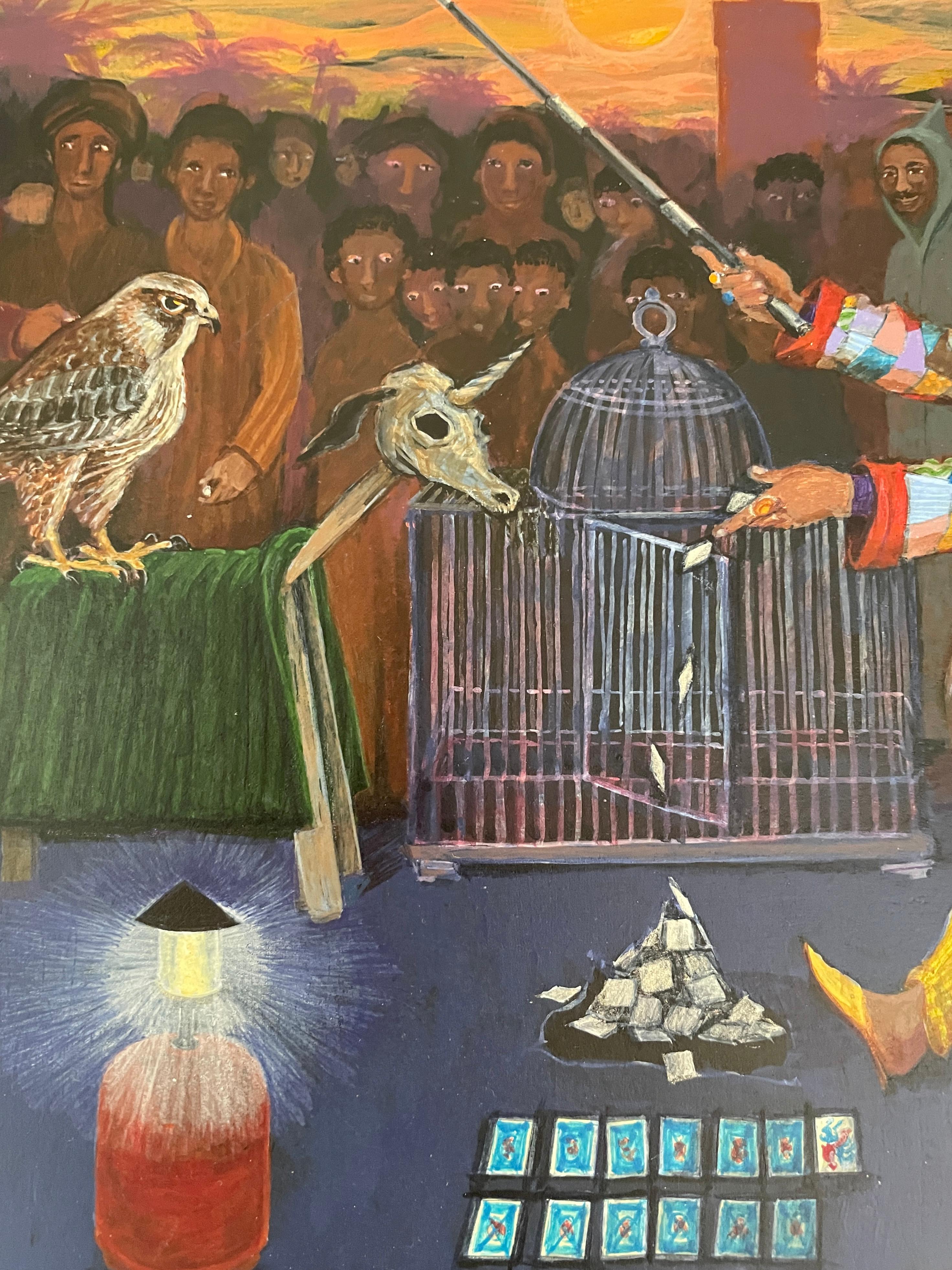 Peinture d'art populaire - Peinture narrative Maroc Afrique Magician rouge/orange en vente 1