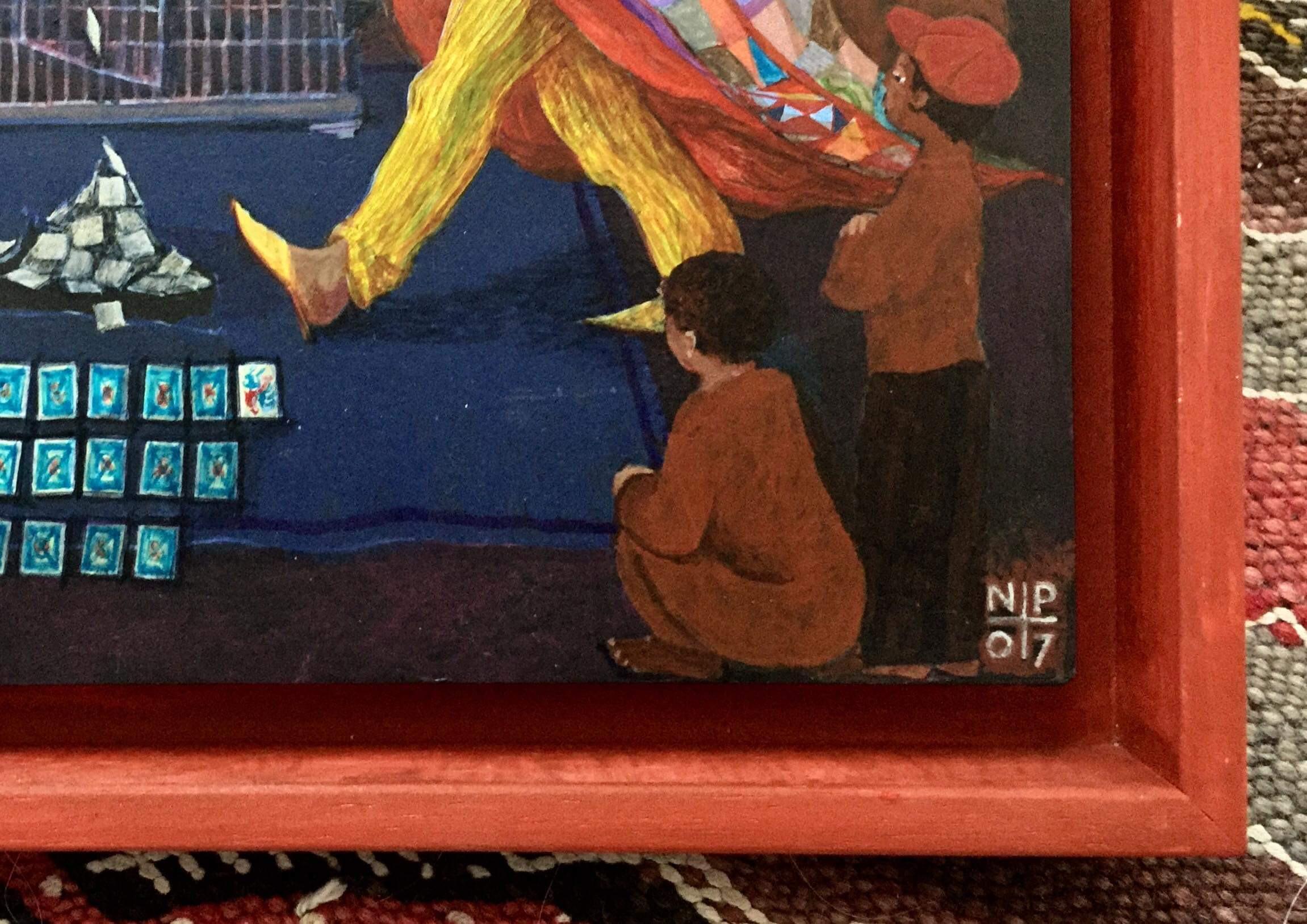 Peinture d'art populaire - Peinture narrative Maroc Afrique Magician rouge/orange en vente 2