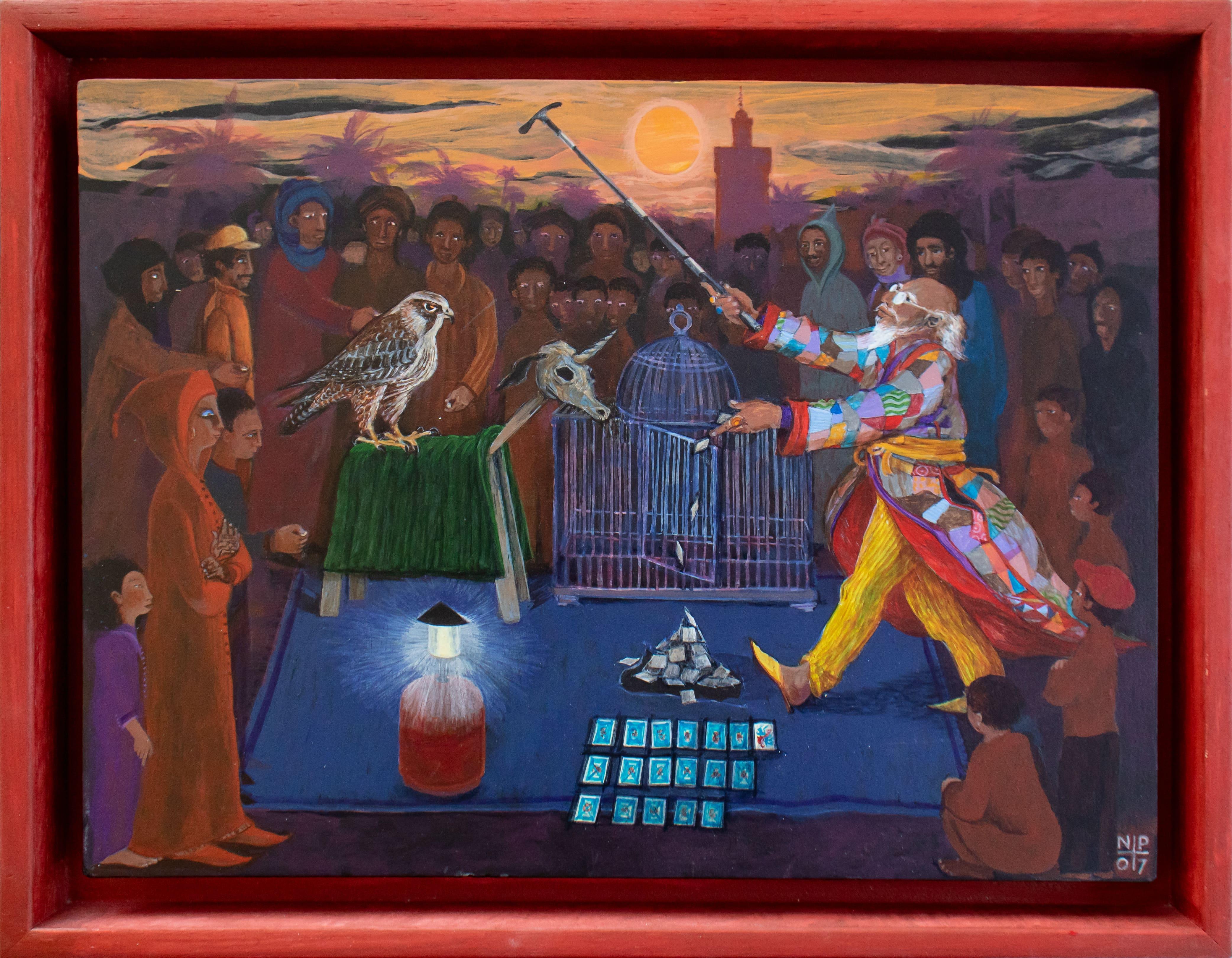 Figurative Painting Nancy Patterson - Peinture d'art populaire - Peinture narrative Maroc Afrique Magician rouge/orange