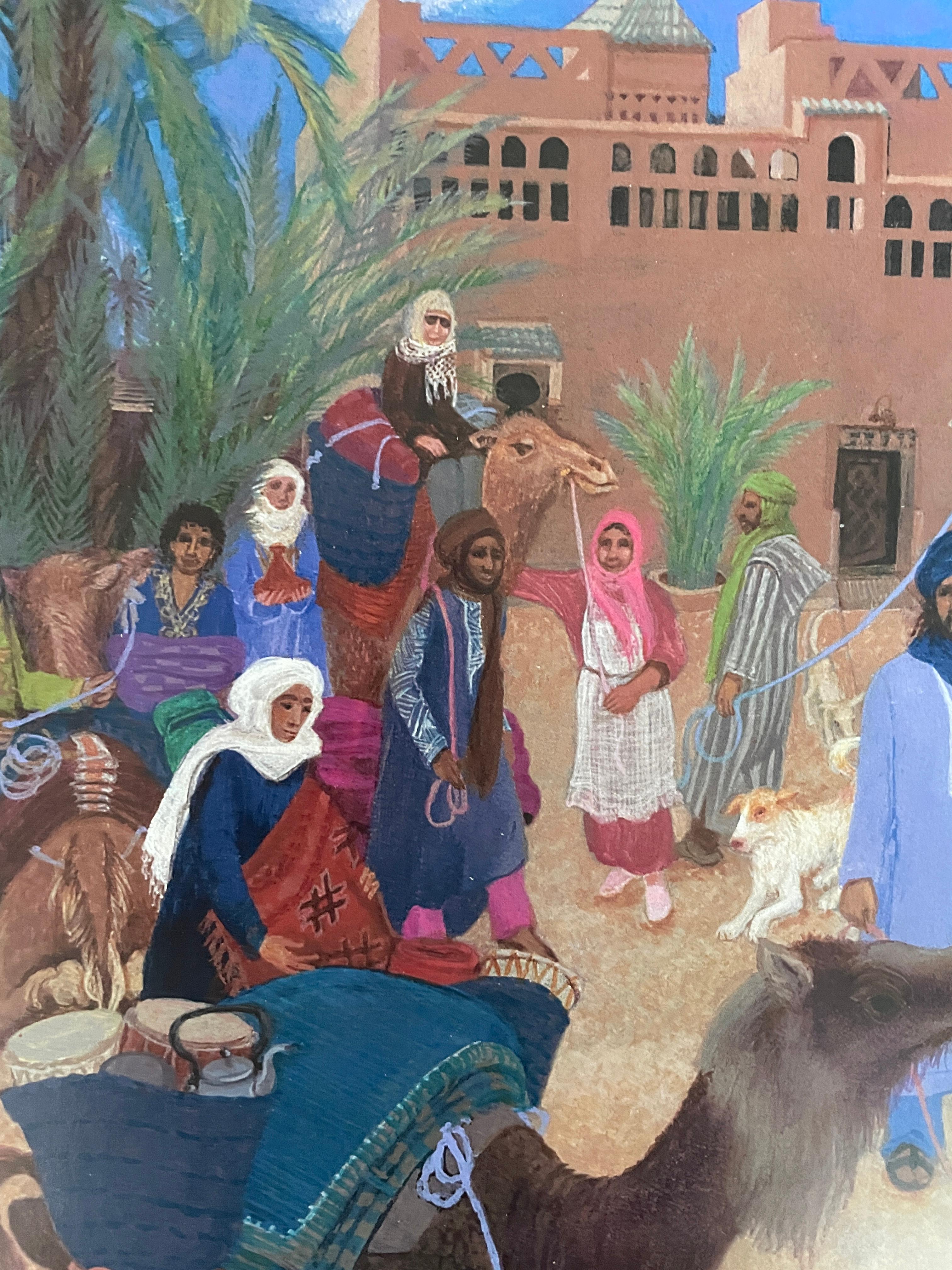 Folk Art Limited Edition Print 1/20 Morocco African Desert Voyage Dogs Camels - Gray Landscape Print by Nancy Patterson