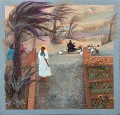 Folk Art Limited Edition Print 1 of 20 Morocco Desert Palm Trees Sunflowers Goat