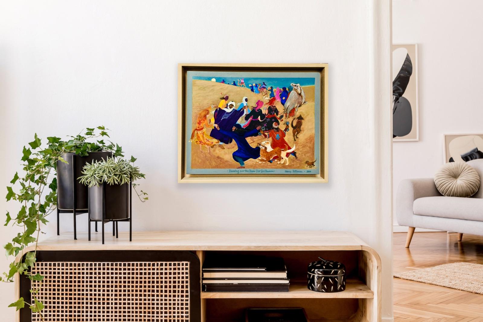 Folk Art Limited Edition Print 2/20  Morocco African Desert Dance Dogs Camels - Brown Landscape Print by Nancy Patterson