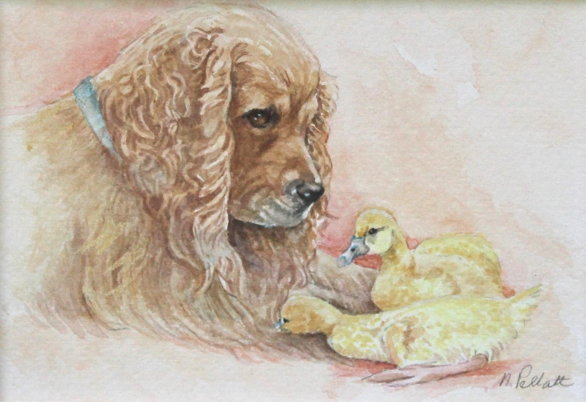 Charming detailed dog painting of a curious Spaniel looking at baby chics, frame - Painting by Nancy Pellatt