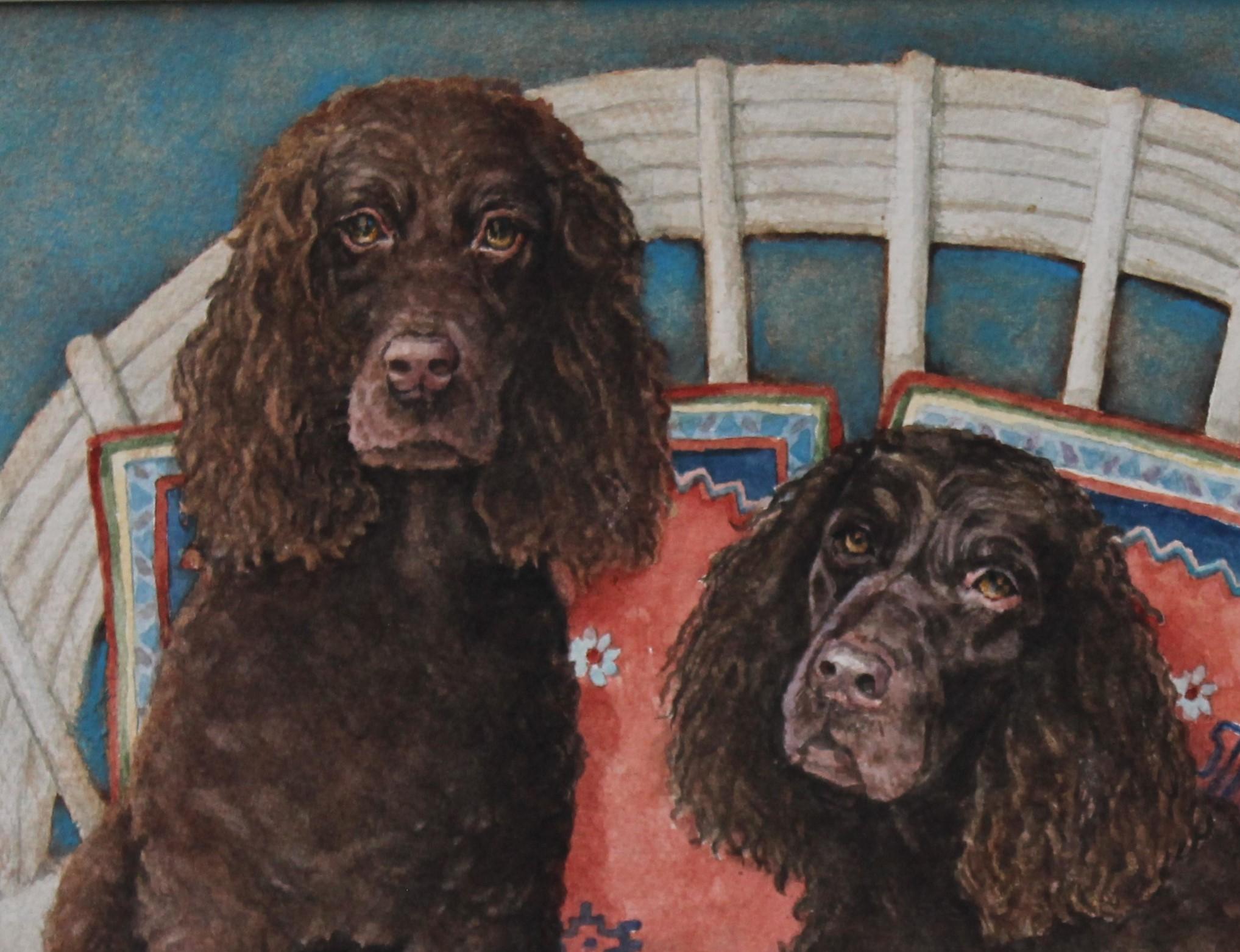 Classic detailed dog painting of Spaniels on chair with a rich blue background - Art by Nancy Pellatt