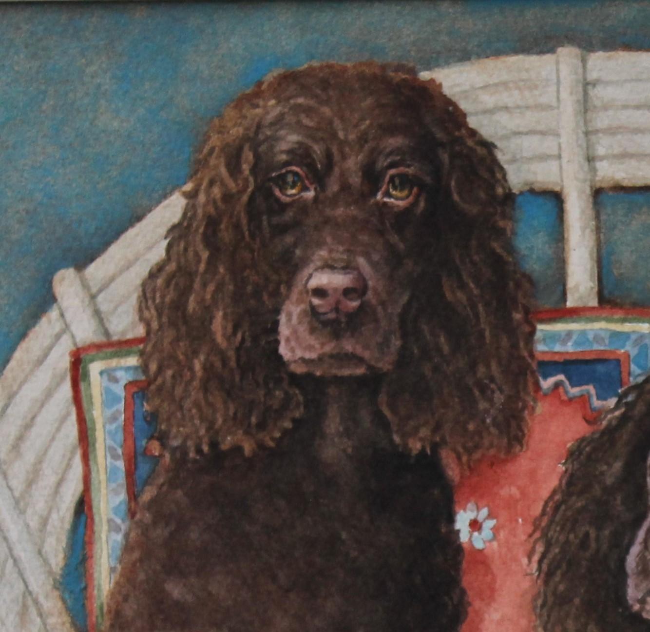 Classico dipinto dettagliato di cane Spaniels su sedia con uno sfondo blu ricco di dettagli - Animal Art Nero di Nancy Pellatt