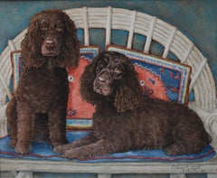 Peinture de chien classique et détaillée d'épagneuls sur une chaise sur un fond bleu riche.