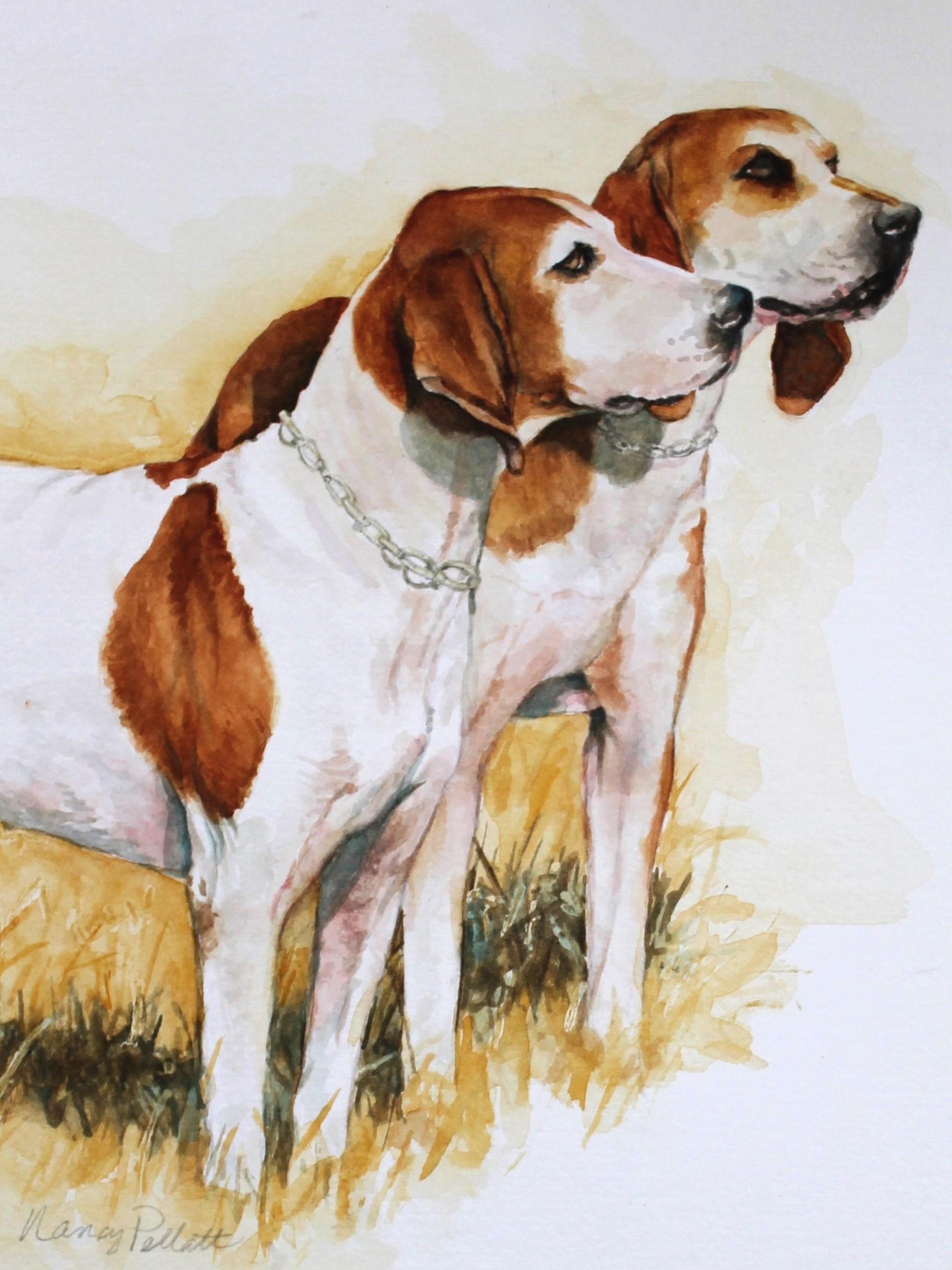 Detailed dog watercolor painting of two obedient foxhounds standing at attention - Art by Nancy Pellatt