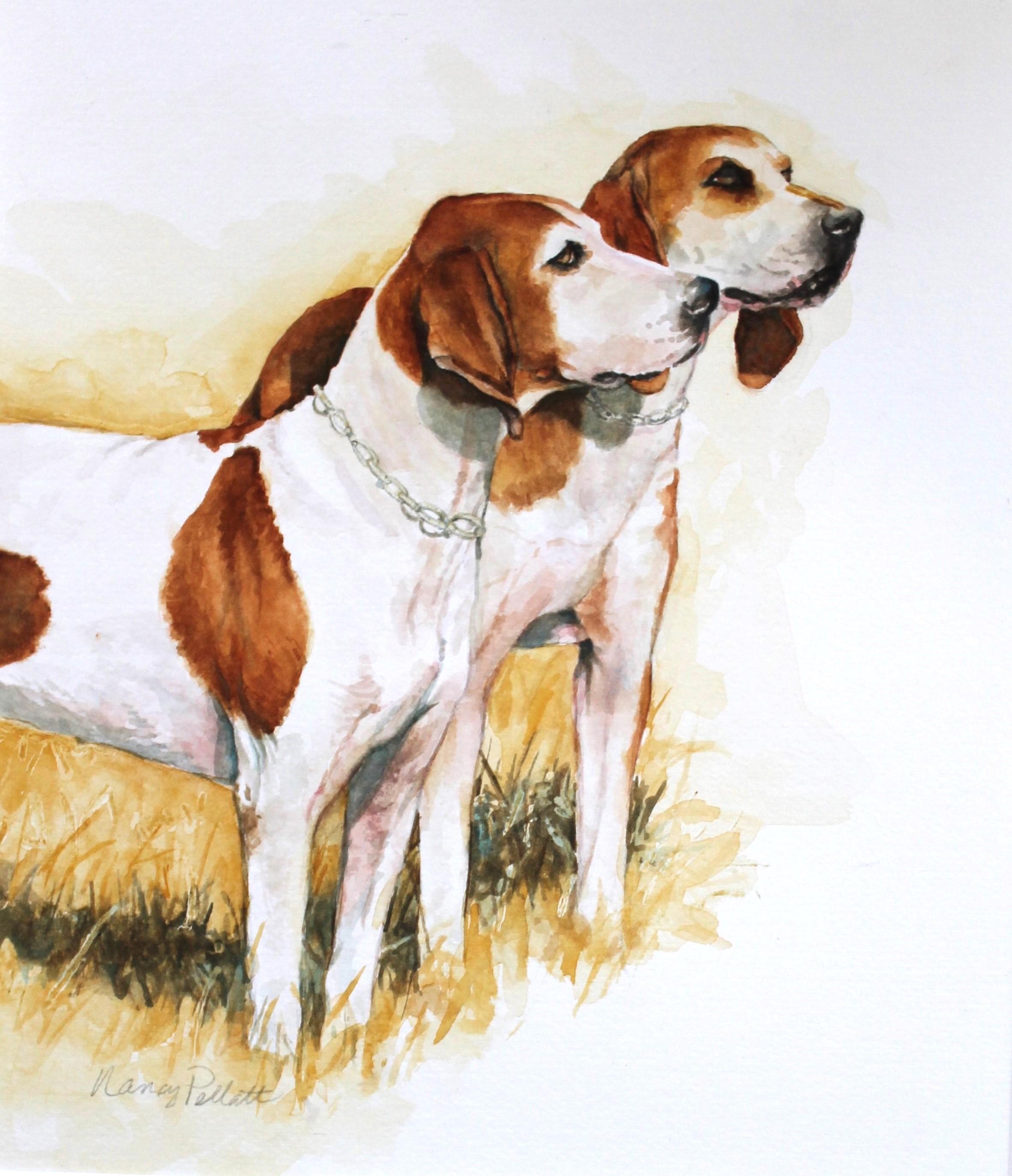 Nancy Pellatt Animal Art - Detailed dog watercolor painting of two obedient foxhounds standing at attention