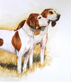 Detailed dog watercolor painting of two obedient foxhounds standing at attention