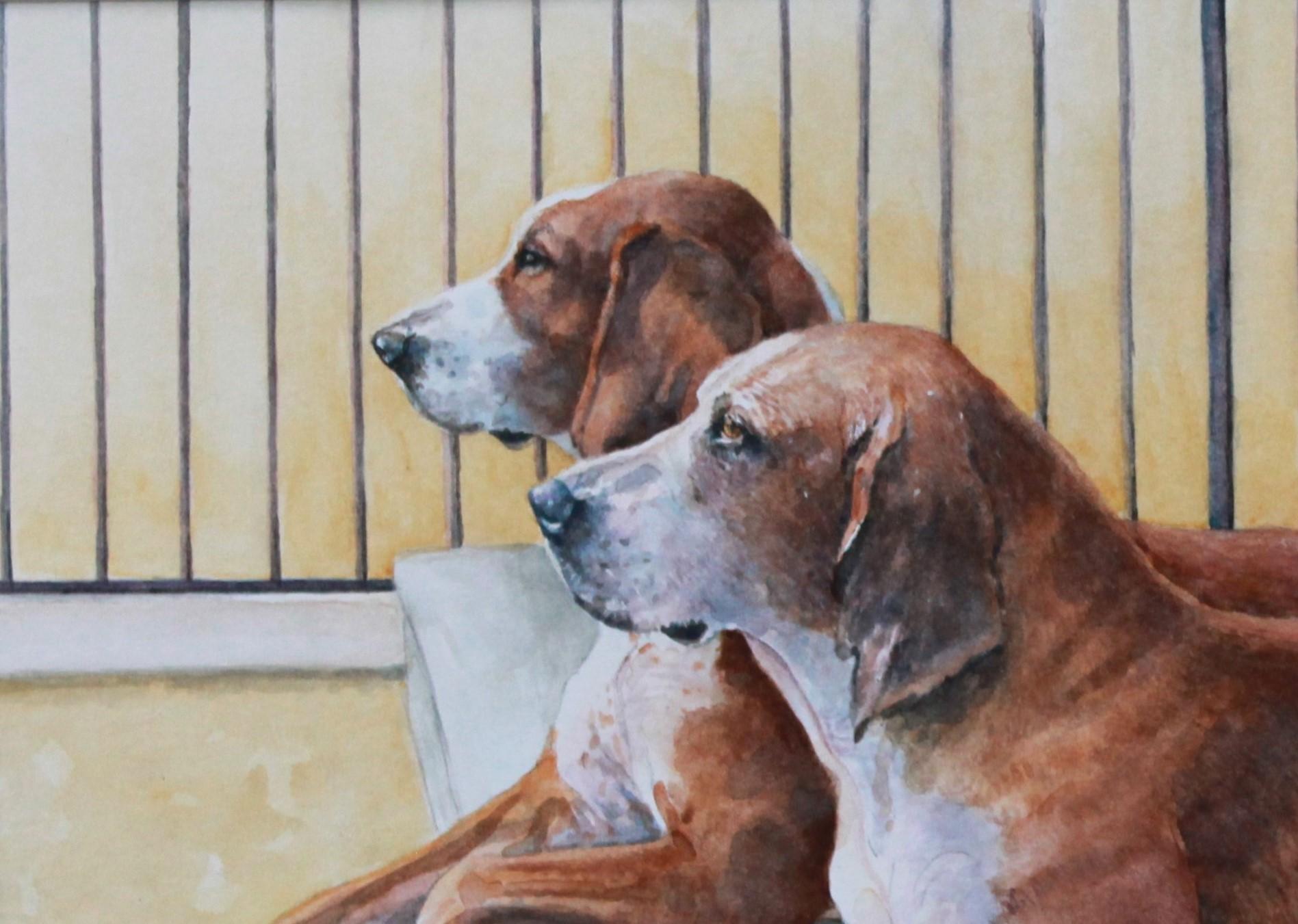 Detailed watercolor dog painting of two fox hounds resting on a kennel bench - Painting by Nancy Pellatt