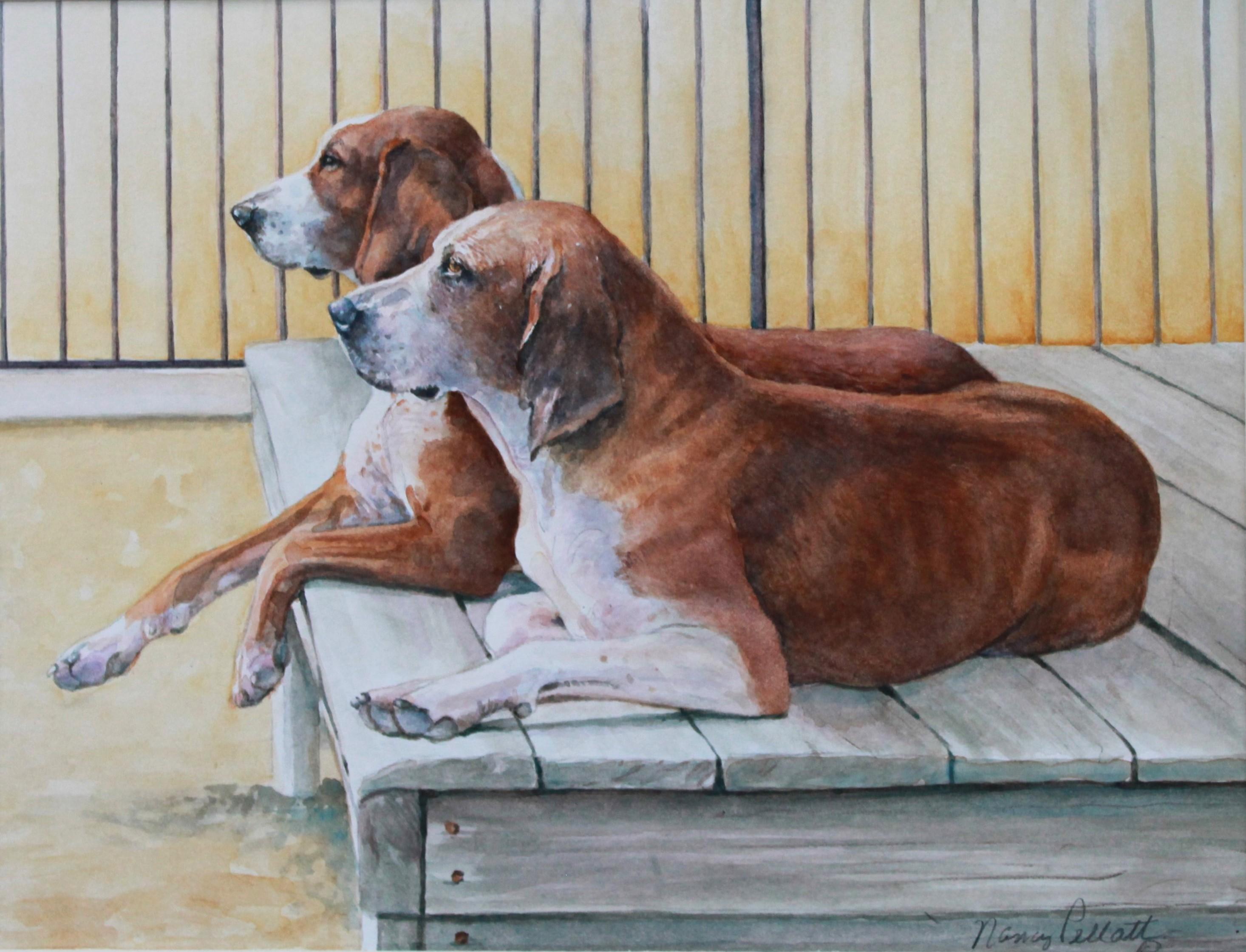 Nancy Pellatt Animal Painting - Detailed watercolor dog painting of two fox hounds resting on a kennel bench