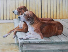 Detailed watercolor dog painting of two fox hounds resting on a kennel bench
