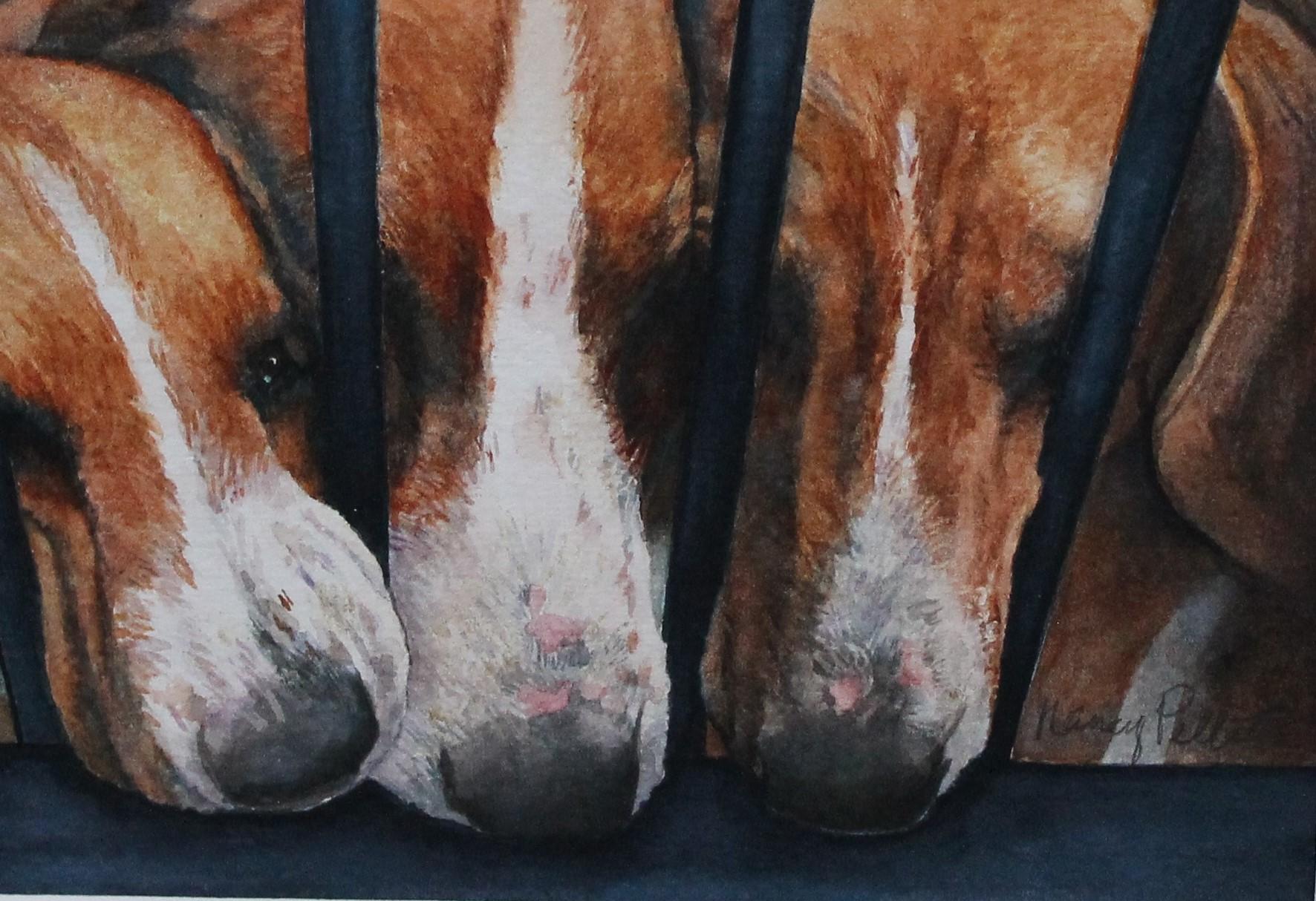 Detailed watercolor of 3 foxhound dogs curiously sniffing what is on other side - Painting by Nancy Pellatt