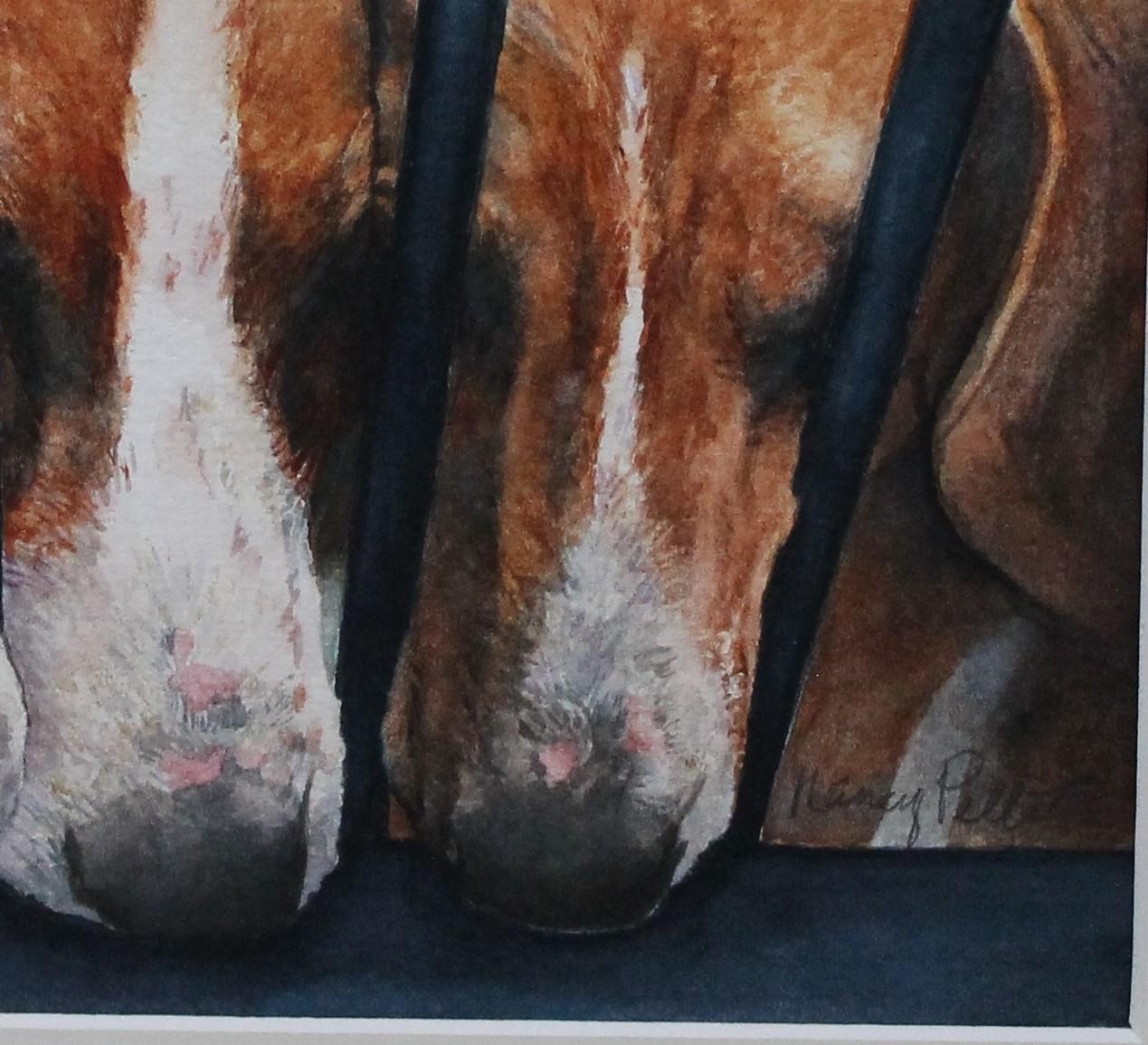Detailed watercolor of 3 foxhound dogs curiously sniffing what is on other side - Realist Painting by Nancy Pellatt