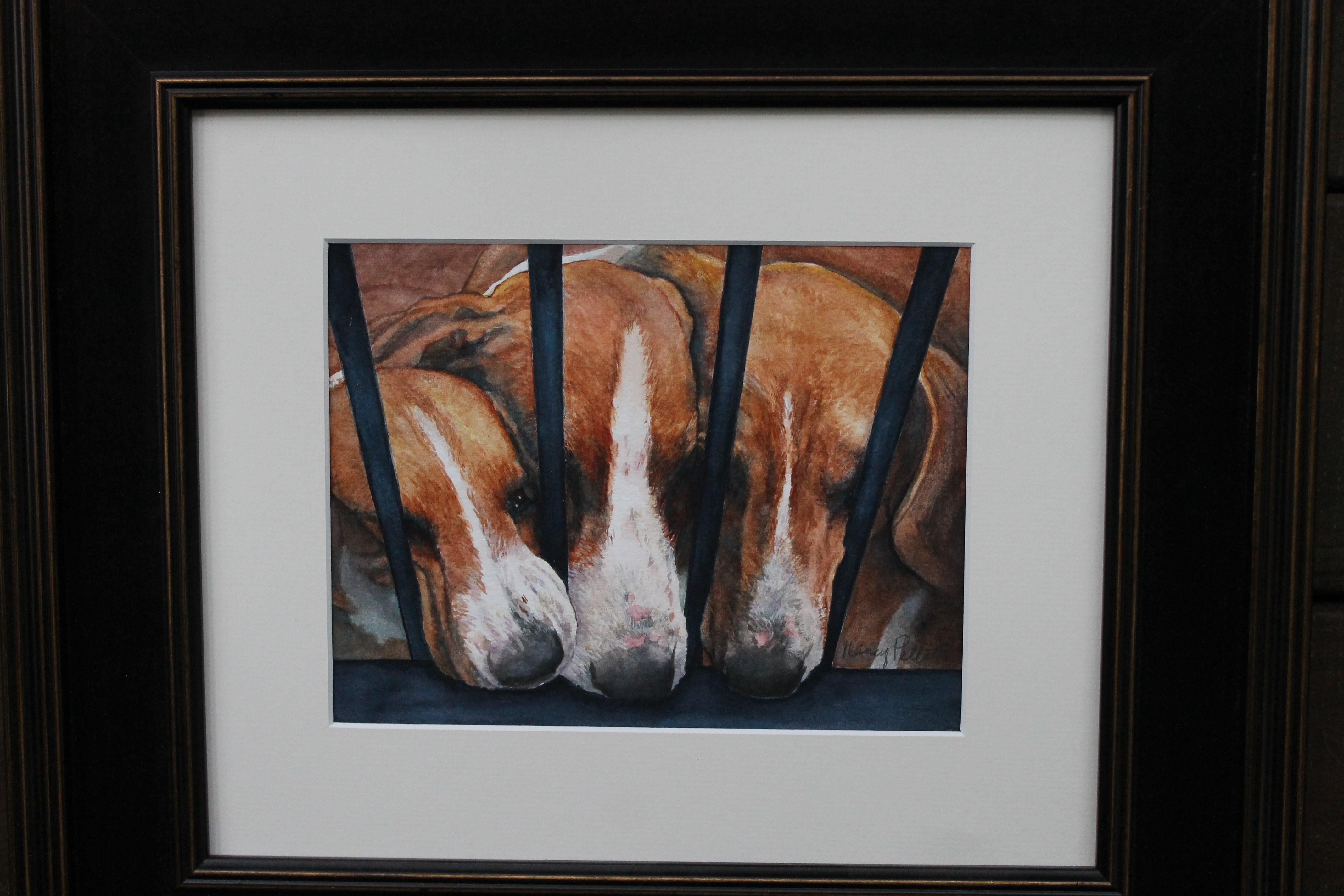 Aquarelle détaillée de 3 chiens foxhound reniflant curieusement ce qui se trouve de l'autre côté. - Noir Animal Art par Nancy Pellatt