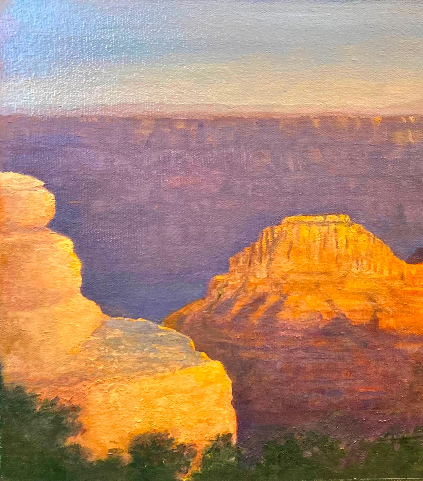 Dramatisches Sonnenuntergang im Brahma- Tempel im Grand Canyon – Painting von Nancy Pellatt