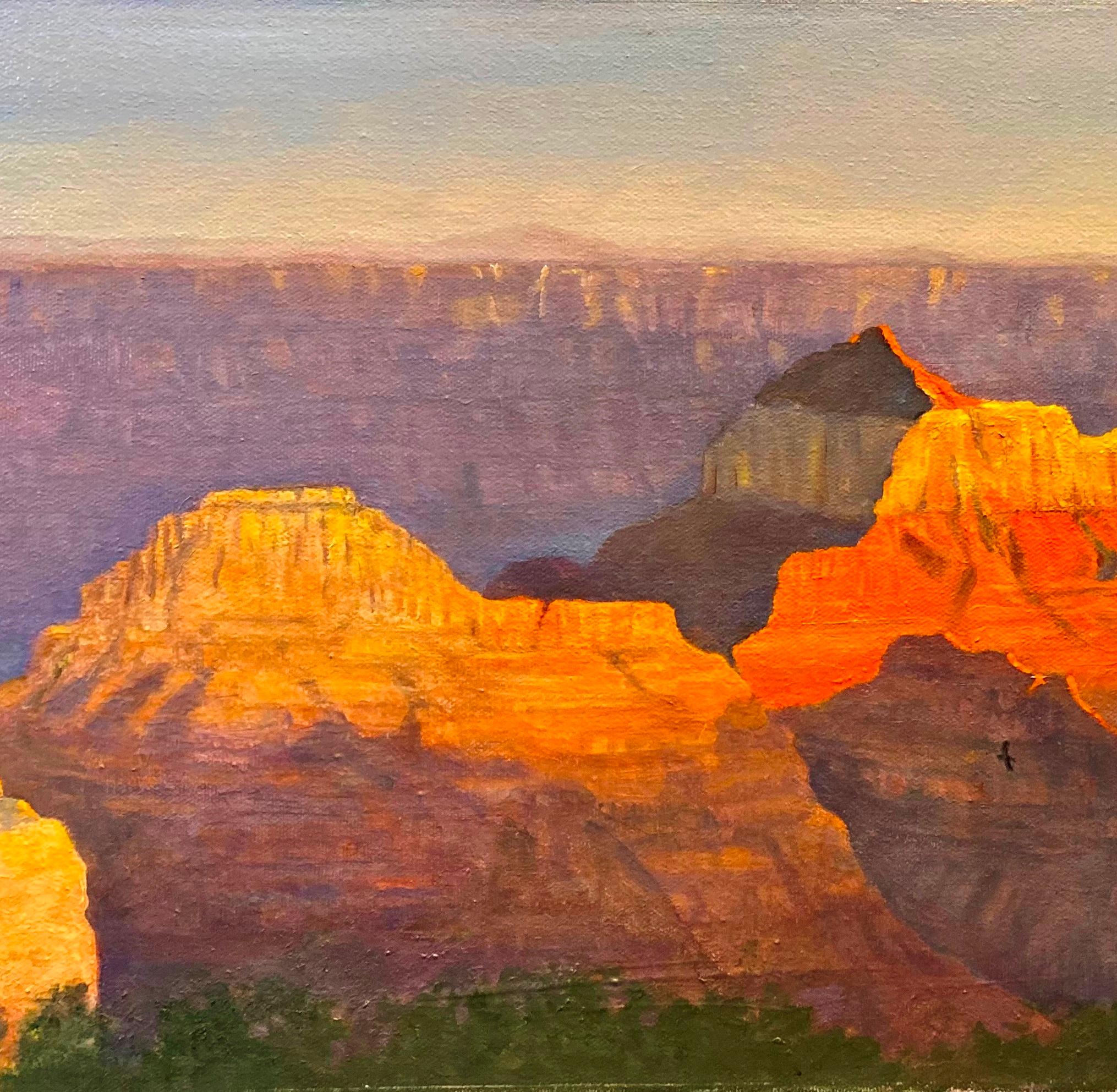 Drama of the Sunset at the Brahma Temple in the Grand Canyon is Awe Inspiring - Realist Painting by Nancy Pellatt