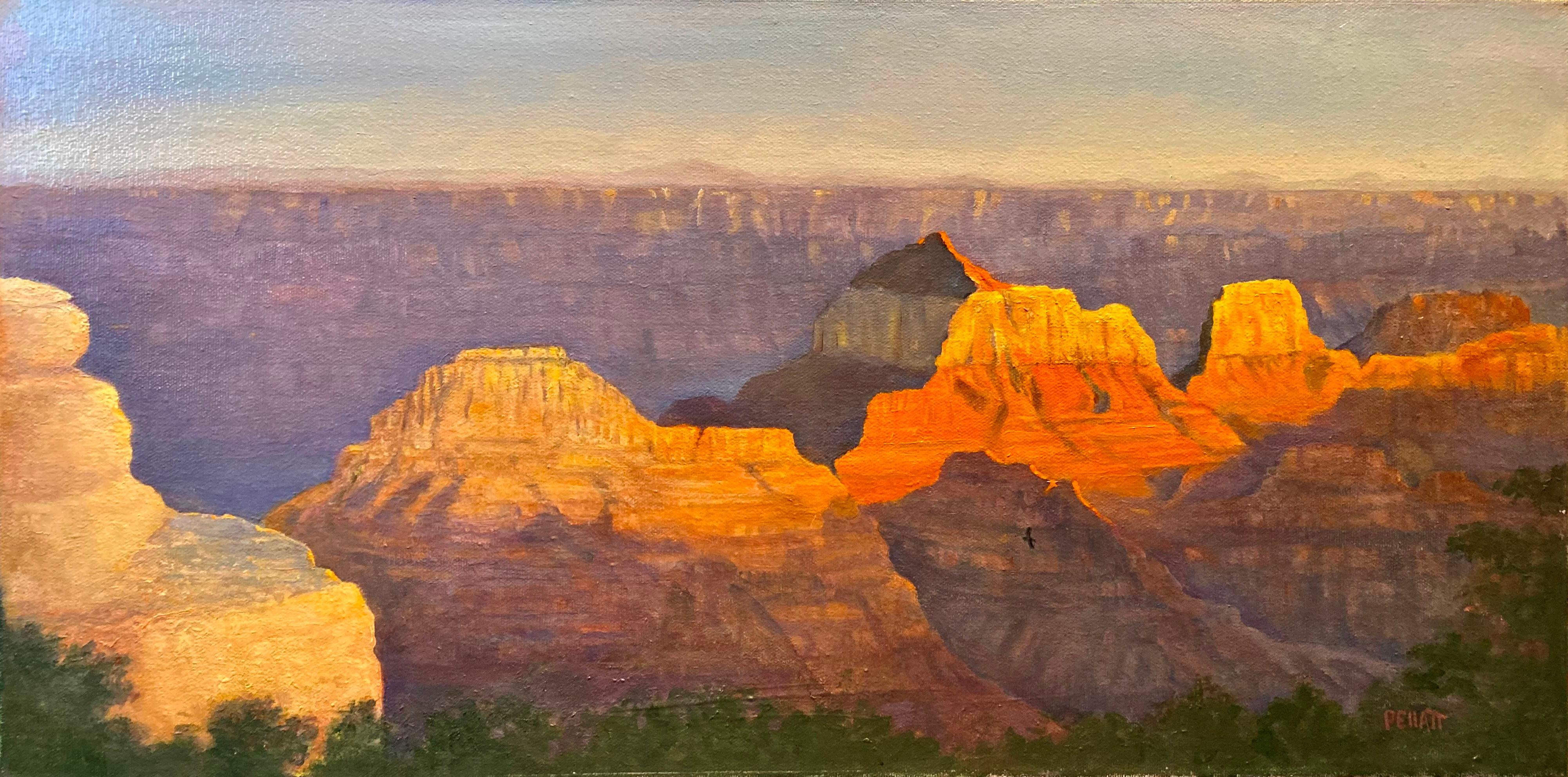 Nancy Pellatt Landscape Painting - Drama of the Sunset at the Brahma Temple in the Grand Canyon is Awe Inspiring