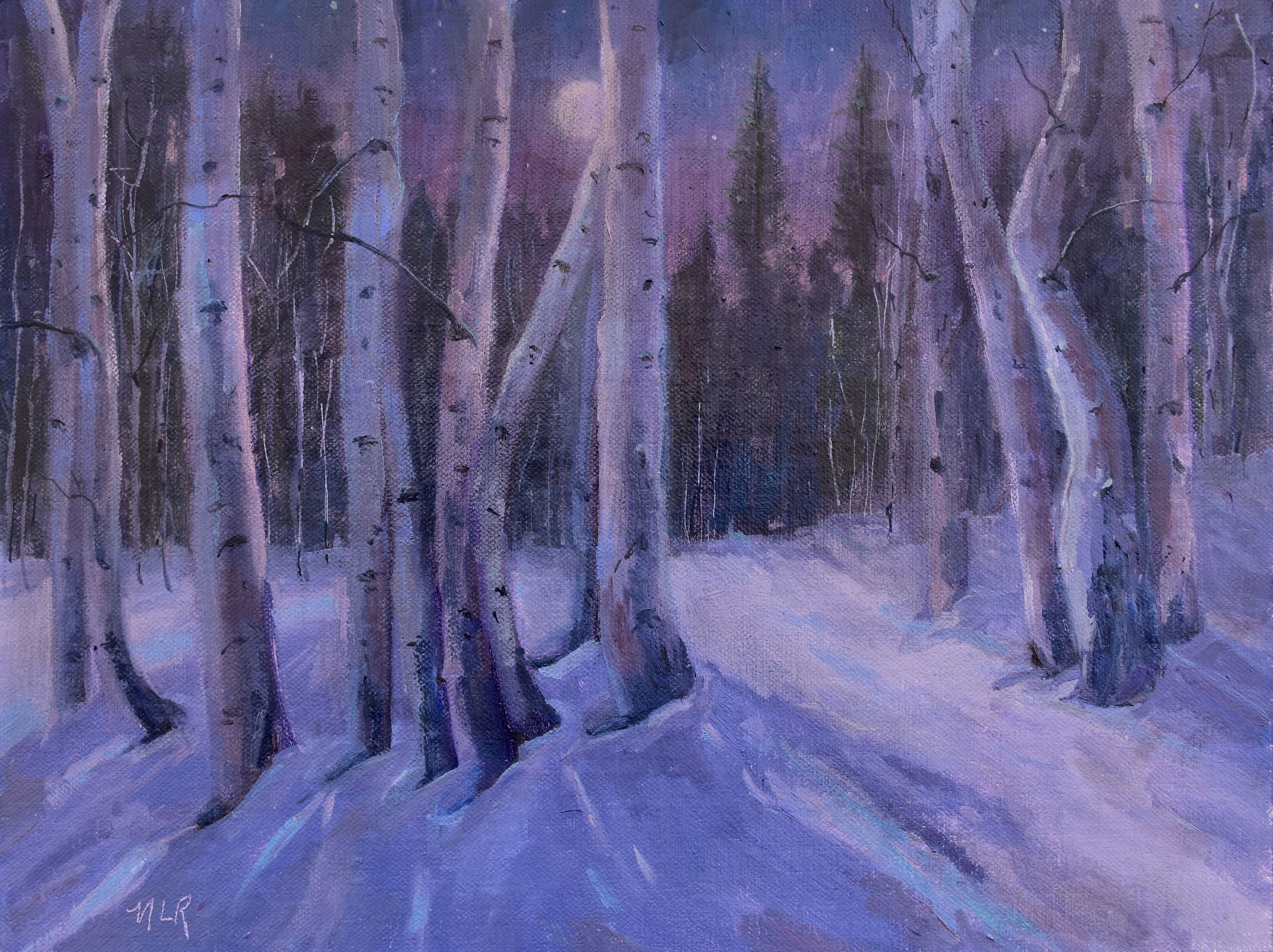Aspens on a Winter Night, Pittura, Olio su tela - Painting di Nancy Romanovsky