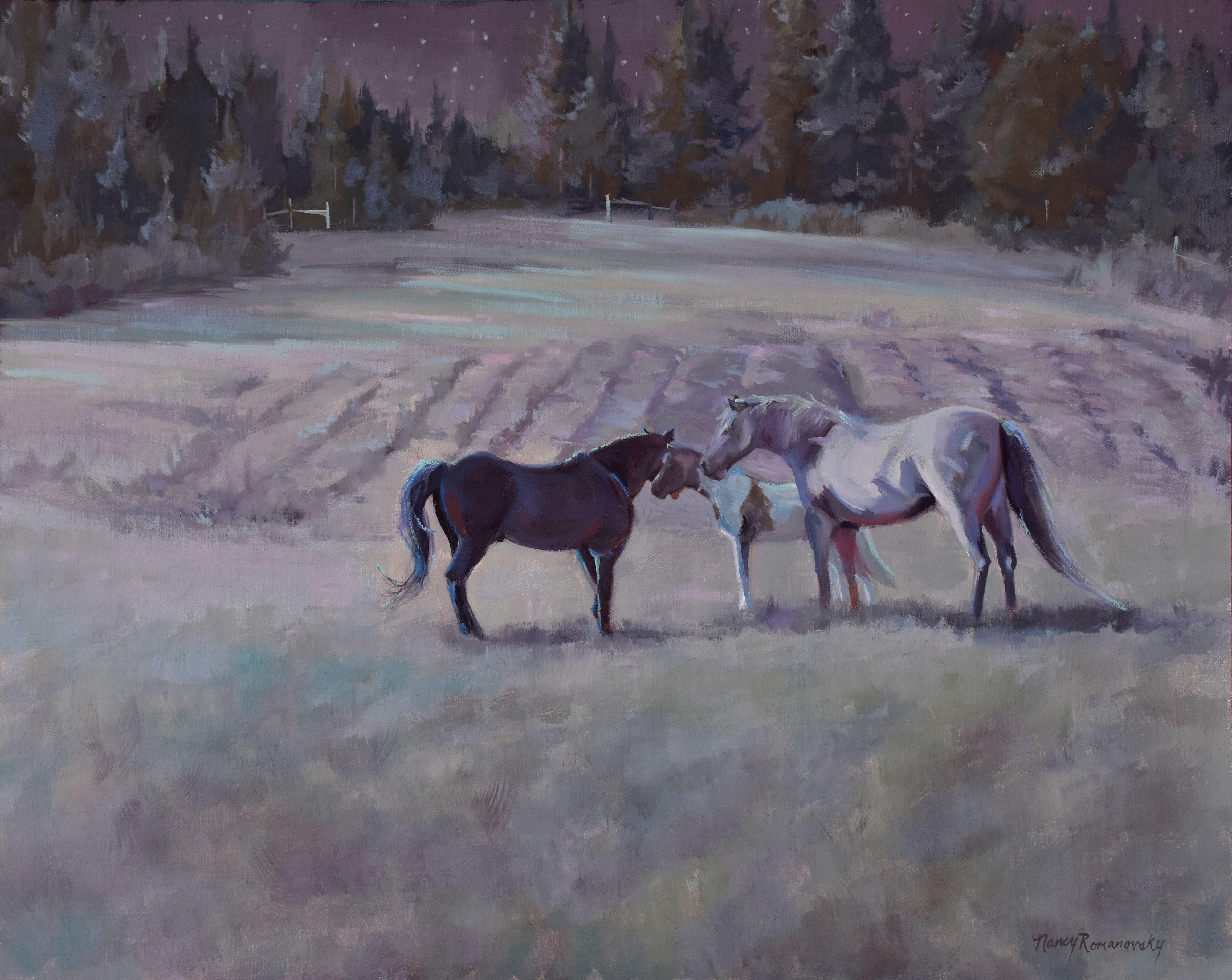 Nancy Romanovsky Animal Painting - Late Night Meeting, Painting, Oil on Canvas