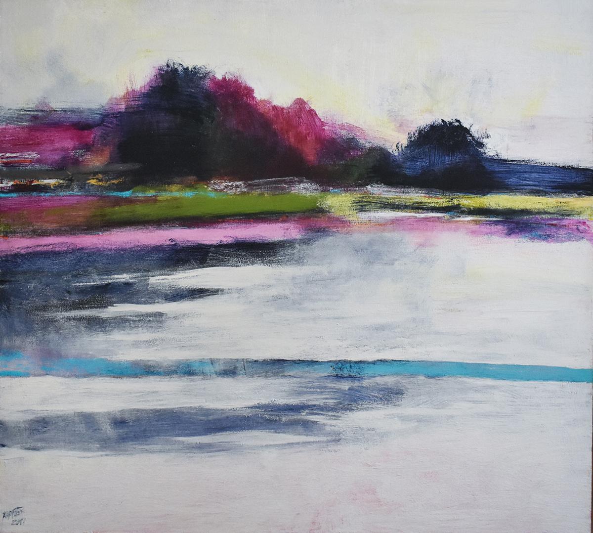 Color Hazes (Contemporary Abstracted Landscape Painting in Silver & Magenta)