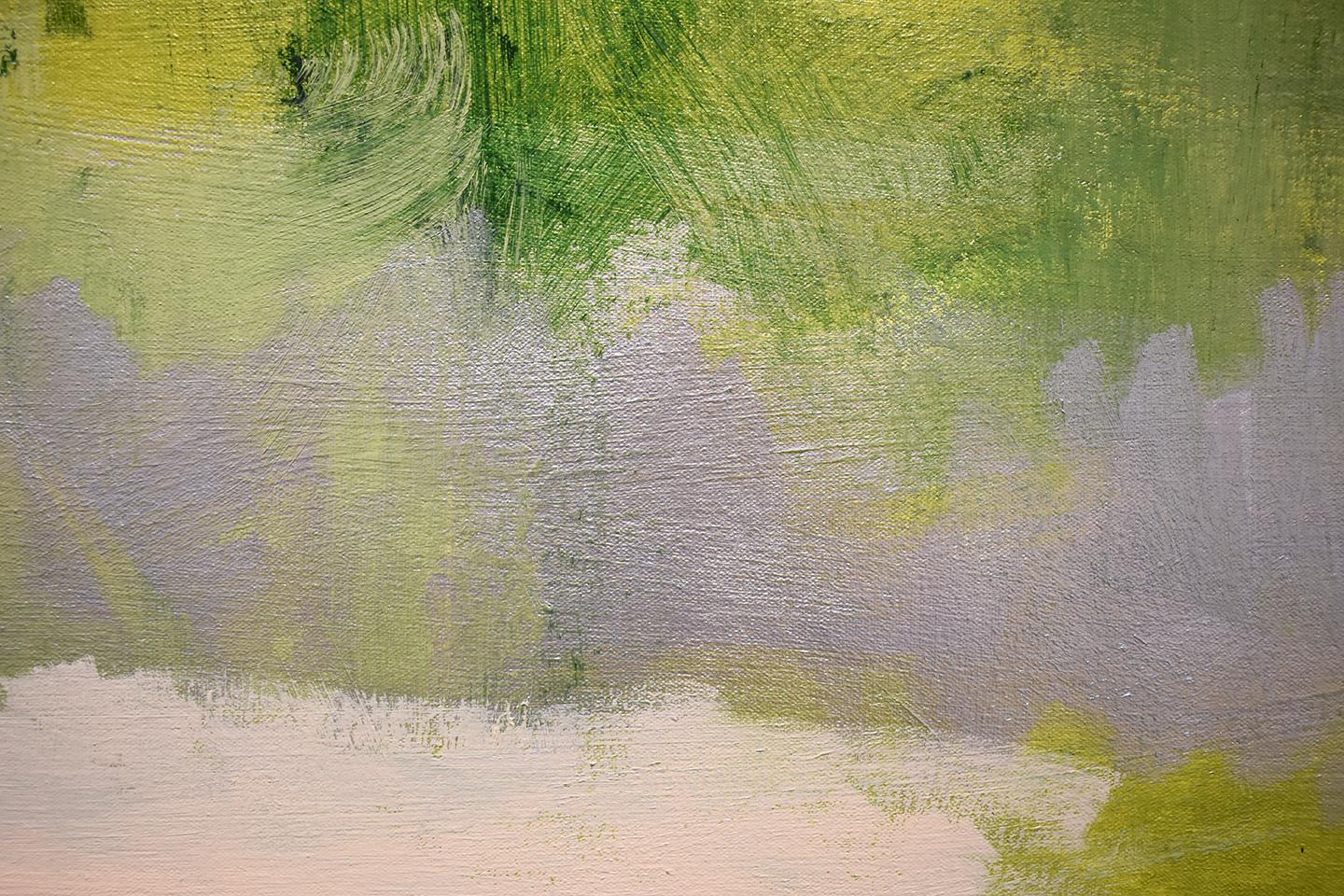 Early Frost: Contemporary Abstracted Landscape Painting of Green & Silver Field - Beige Abstract Painting by Nancy Rutter