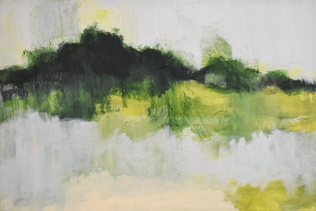 Early Frost: Contemporary Abstracted Landscape Painting of Green & Silver Field