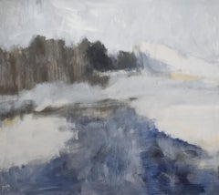 Long Lake View (Contemporary Abstracted Landscape Painting in Blue and Silver)