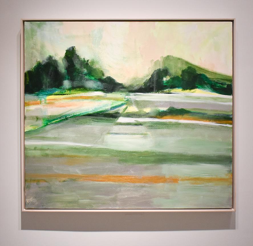'Morning Haying' (abstracted landscape painting on canvas by Nancy Rutter, framed)
40 x 36 inches
42 x 38 inches framed, custom white stained wood floater frame
Signed on the reverse

Inspired by the seasonality of color and light, Nancy Rutter