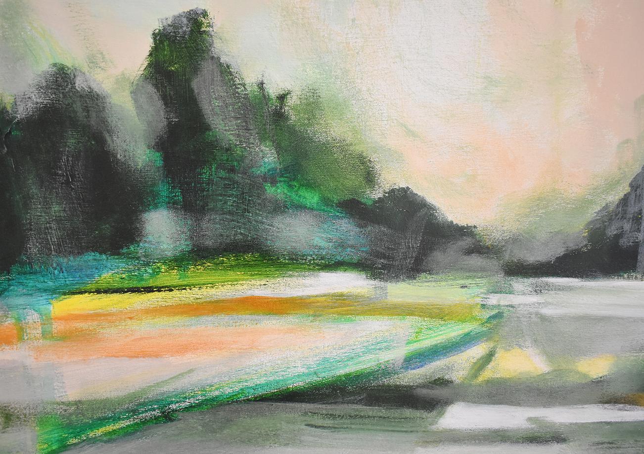 Morning Haying: Contemporary Abstracted Landscape Painting of Green Summer Field 2