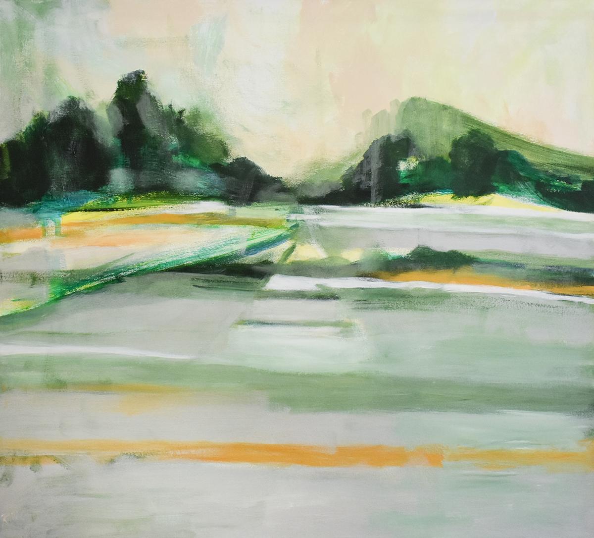 Morning Haying: Contemporary Abstracted Landscape Painting of Green Summer Field