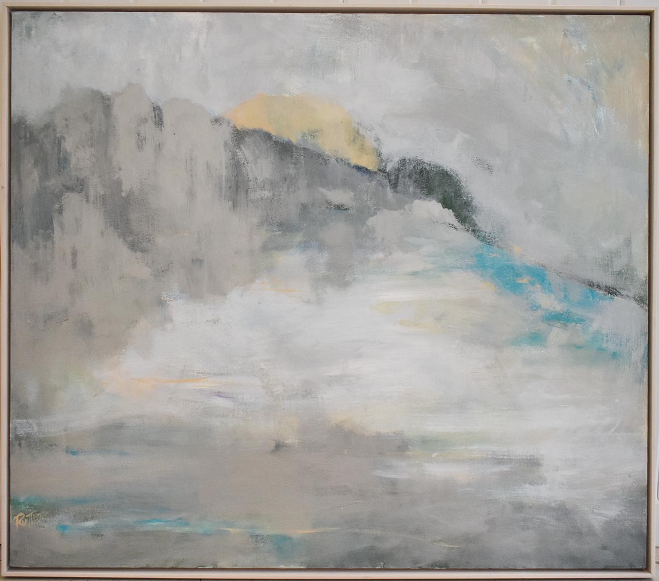 Over the Moon (Contemporary Abstracted Landscape Painting, Reflecting Moonlight) - Gray Abstract Painting by Nancy Rutter