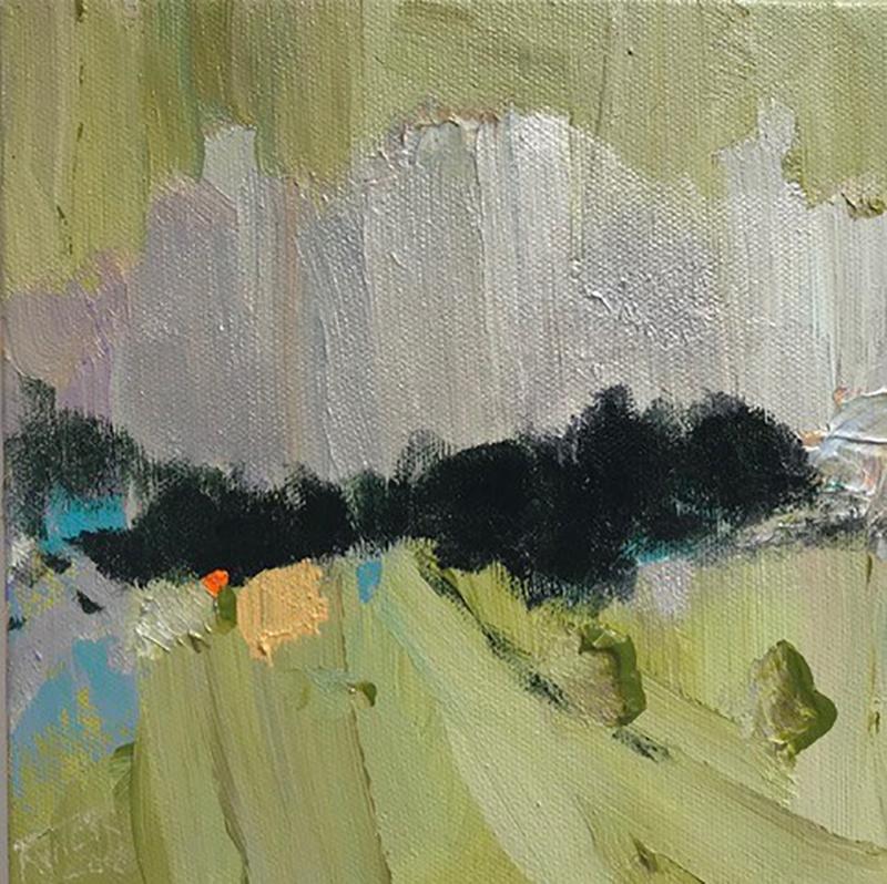 Rail View (Ethereal Abstracted Landscape in Light Green and Dark Teal on Canvas)