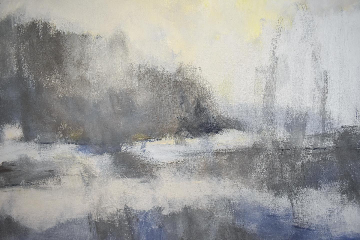 Silver Marsh (Contemporary Abstracted Landscape Painting in Blue and Silver) - Gray Abstract Painting by Nancy Rutter