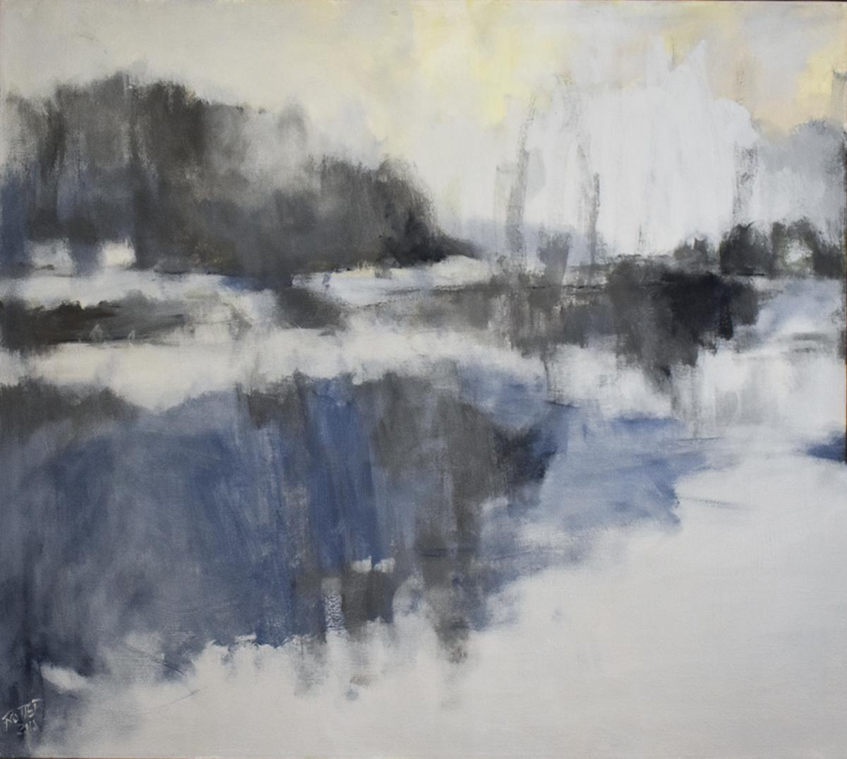 Silver Marsh (Contemporary Abstracted Landscape Painting in Blue and Silver)
