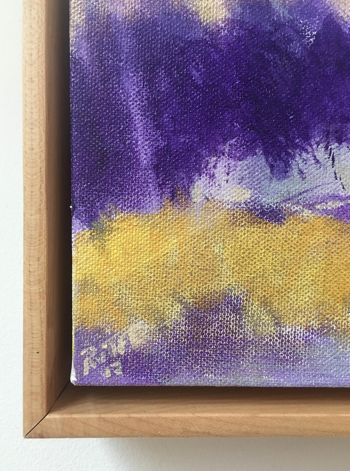 Violet Hills (Abstract Landscape Painting in Yellow & Purple with Wood Frame) - Beige Abstract Painting by Nancy Rutter