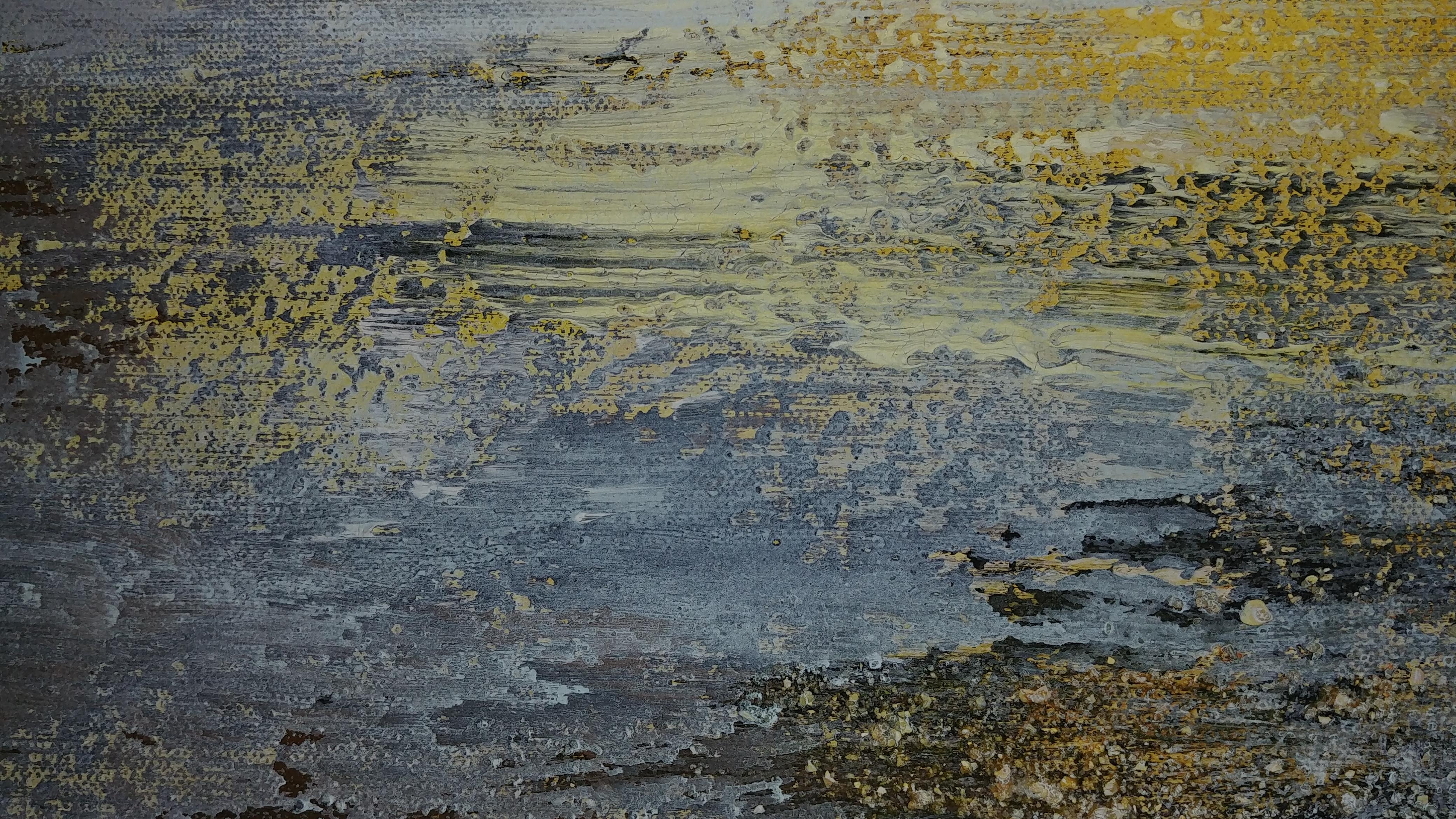Sunrise Sunset - Bleu, crème et or - 48 x 60 - Expressionnisme abstrait Painting par Nancy Seibert