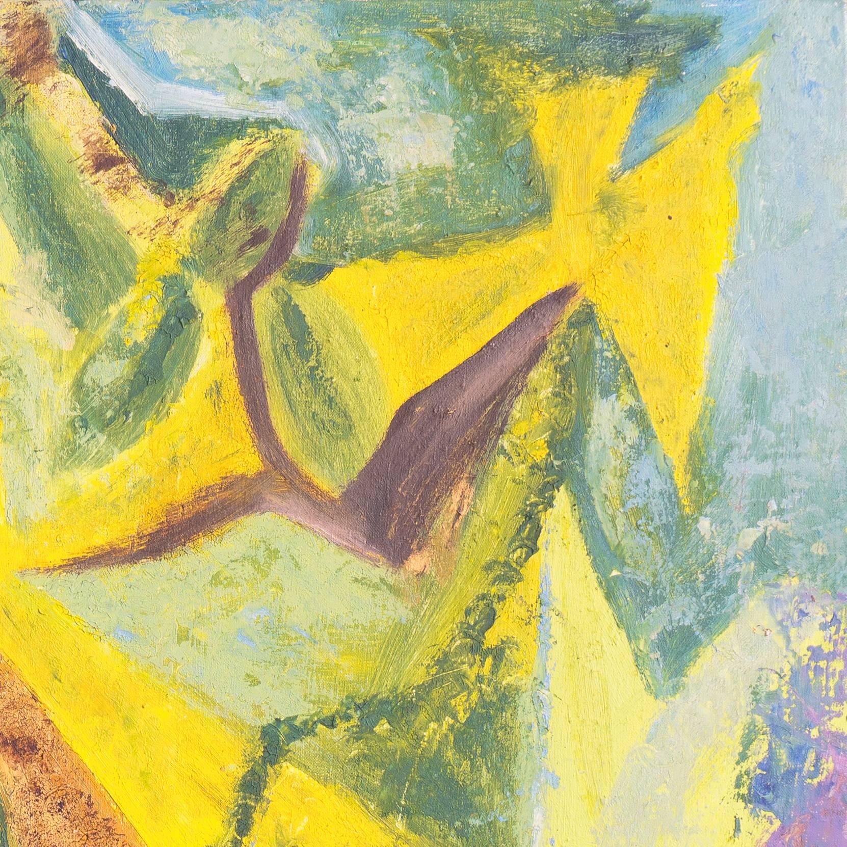 Signed lower right, 'Shafsky' and painted circa 1960.

A kinetic, mid-century oil abstract comprising a structurally inter-related field of jade and saffron contrasted against secondary areas of ochre and lilac. 