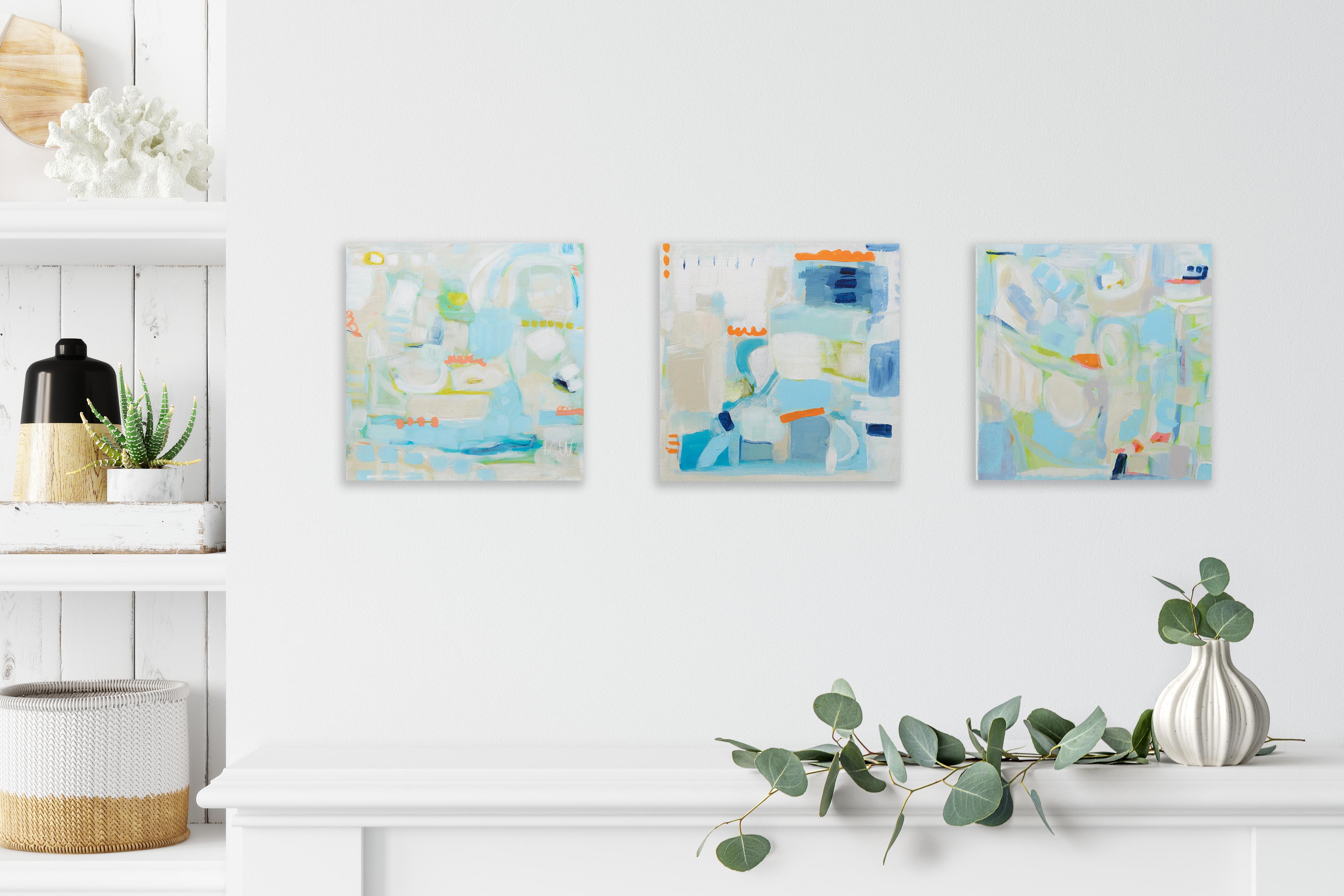 This small abstract painting by Nancy Sharpe features a light cool palette with organic shapes and light strokes layered in blue, green, and cream tones with bright orange accents. 