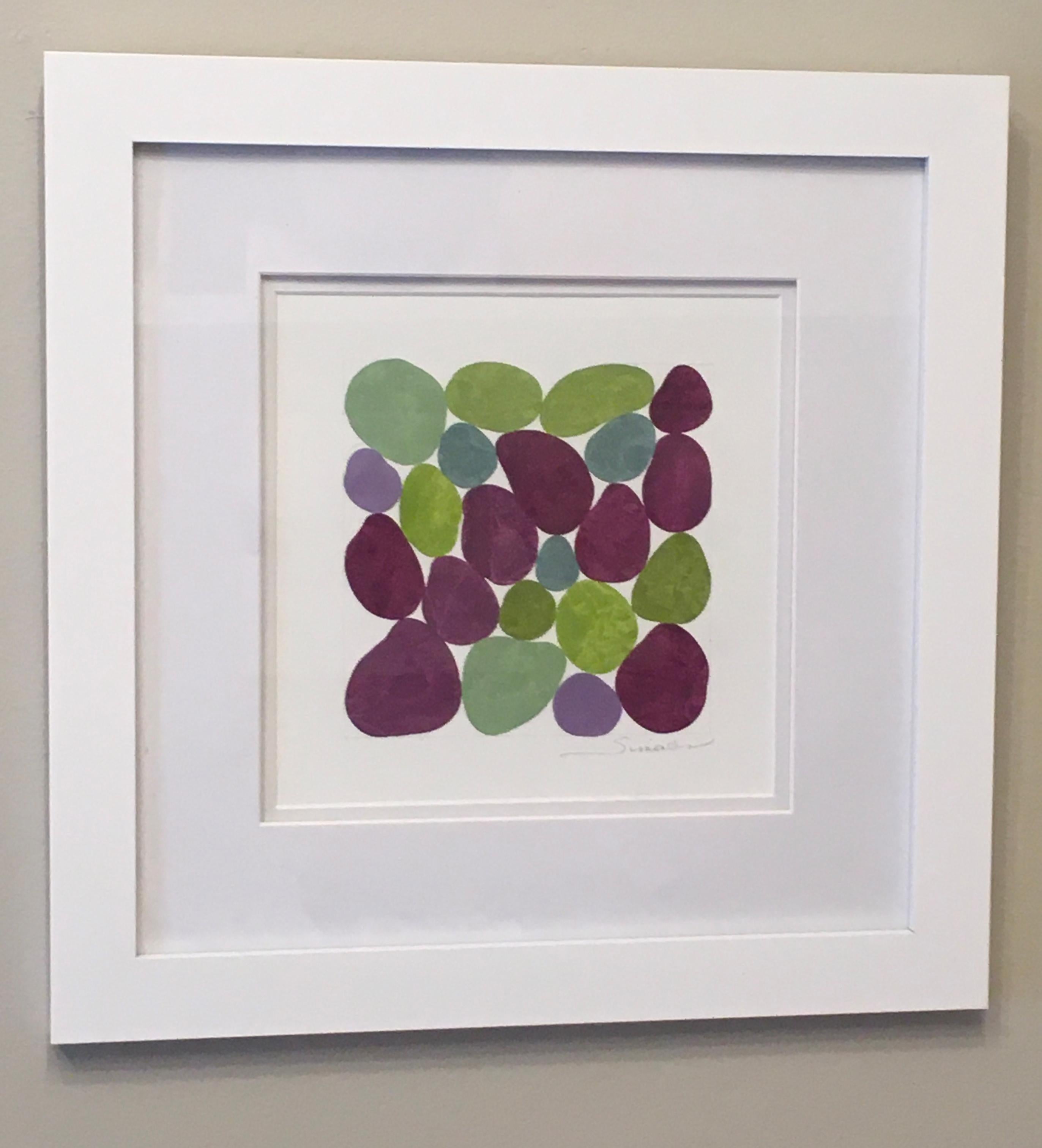Cercis Spring I, Work on Paper, Gouache, Purple, Green, Framed, Calm - Painting by Nancy Simonds