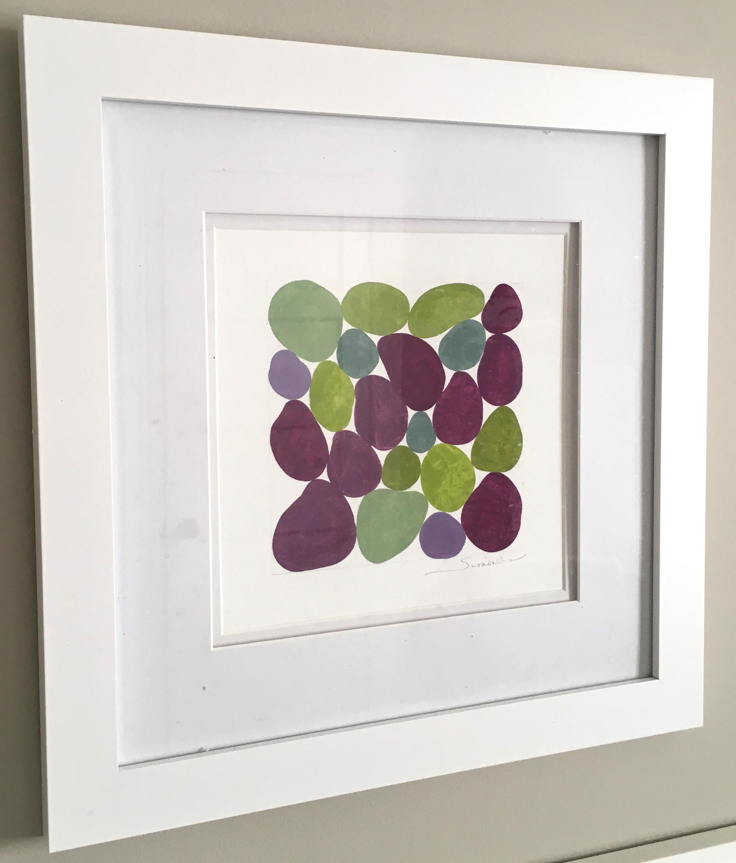 Cercis Spring I, Work on Paper, Gouache, Purple, Green, Framed, Calm - Gray Abstract Painting by Nancy Simonds