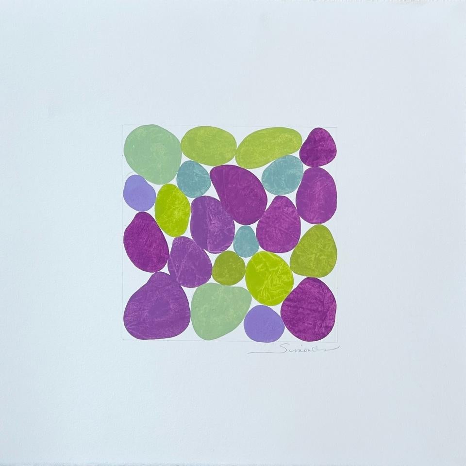 Cercis Spring I, Work on Paper, Gouache, Purple, Green, Framed, Calming - Gray Abstract Drawing by Nancy Simonds