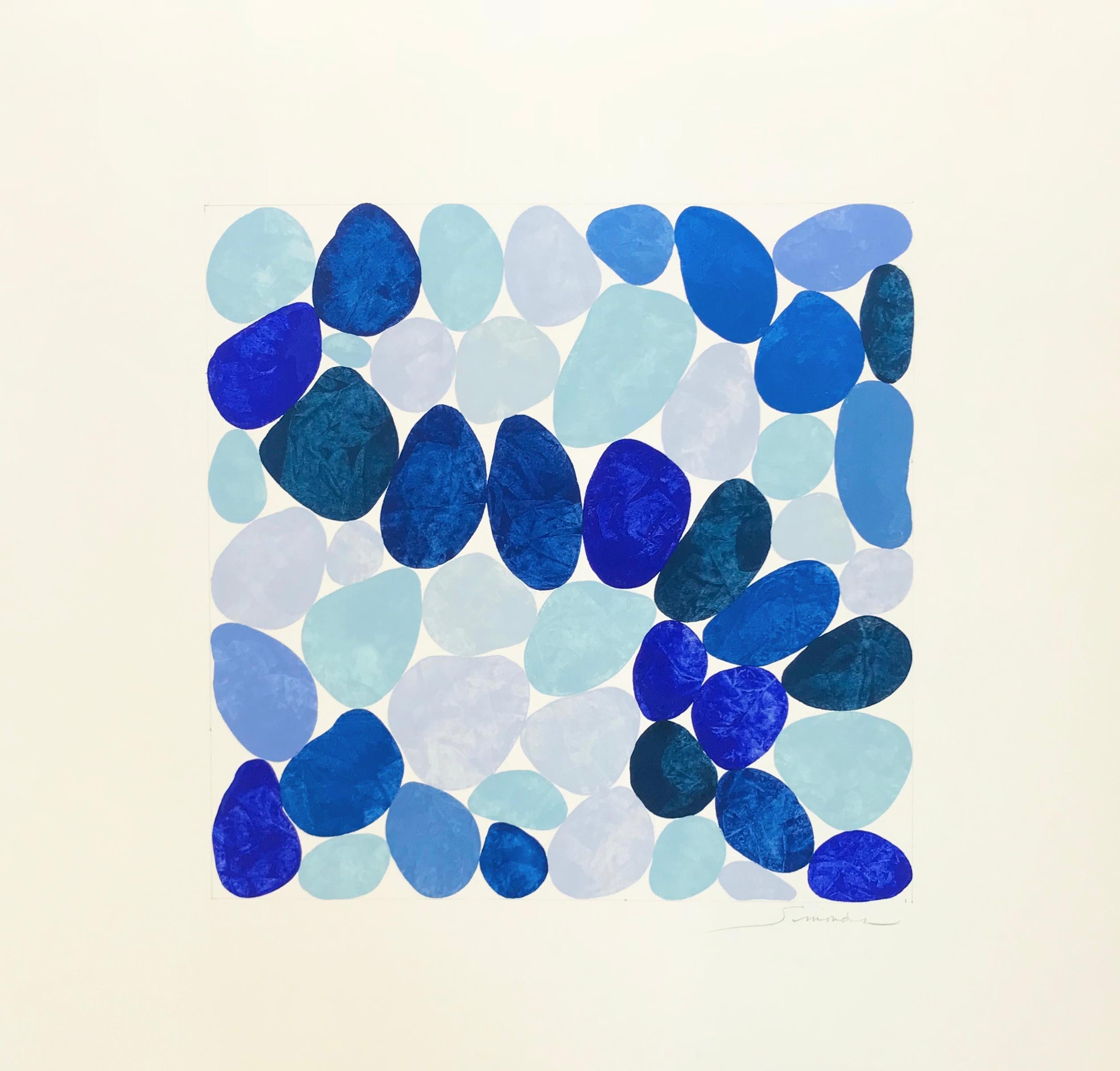 Cobolt und Teal, Arbeit auf Papier, Gouache, Felsen, Blau, Wasser, Strandhaus, gerahmt – Painting von Nancy Simonds