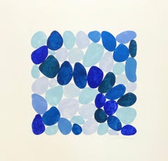 Cobolt und Teal, Arbeit auf Papier, Gouache, Felsen, Blau, Wasser, Strandhaus, gerahmt