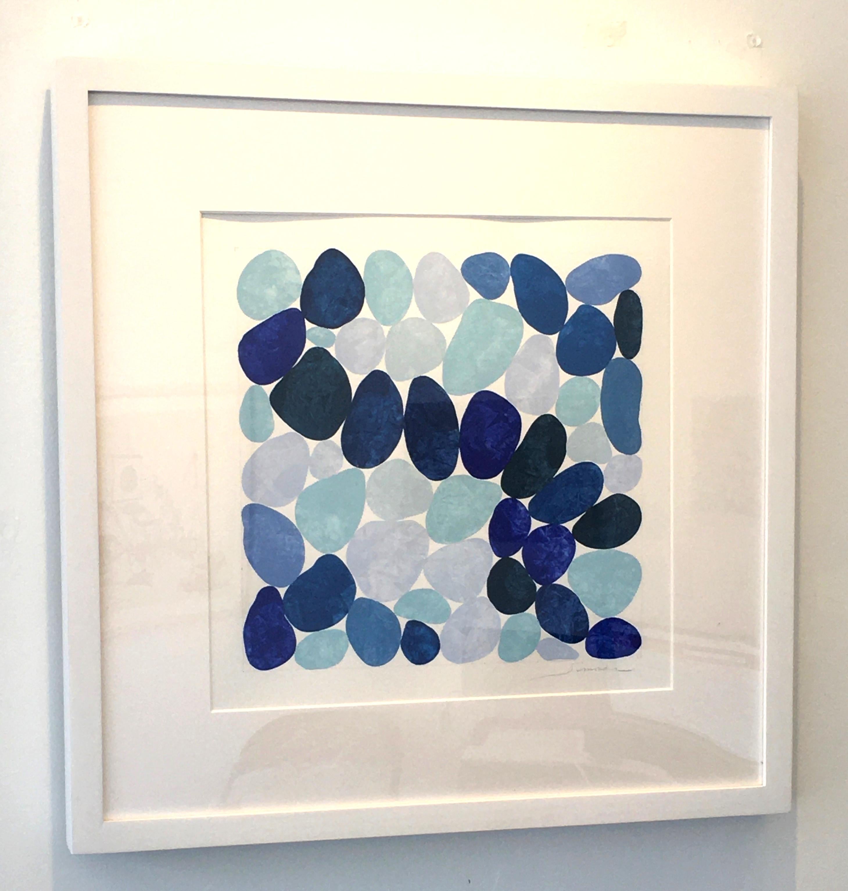 Nancy Simonds Abstract Painting - Cobolt and Teal, Work on Paper, Gouache, Rocks, Blue, Water, Beach House, Framed